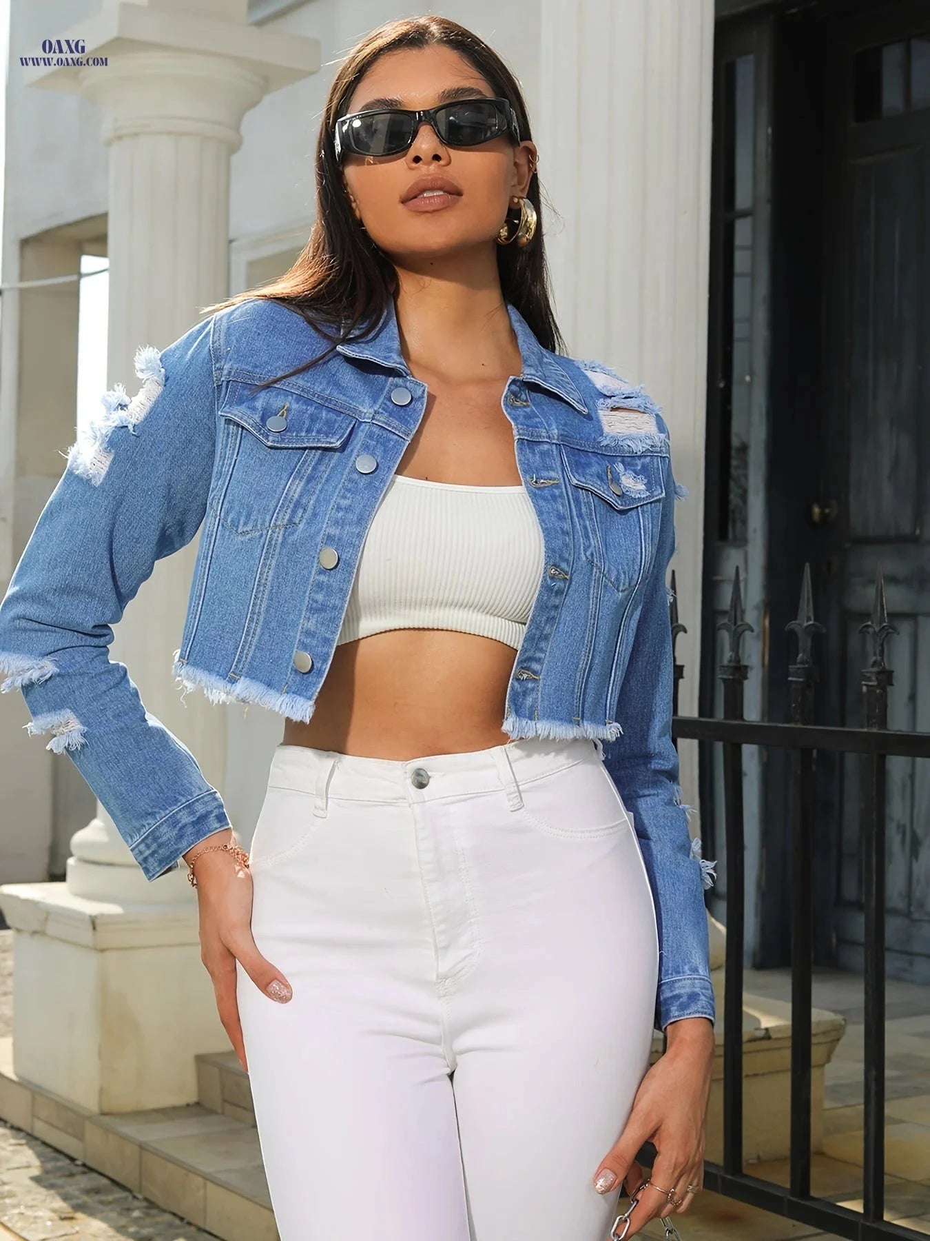 OAXG Women's Denim Top - Casual Raw Hem Jacket for Spring/Fall   OAXG 
