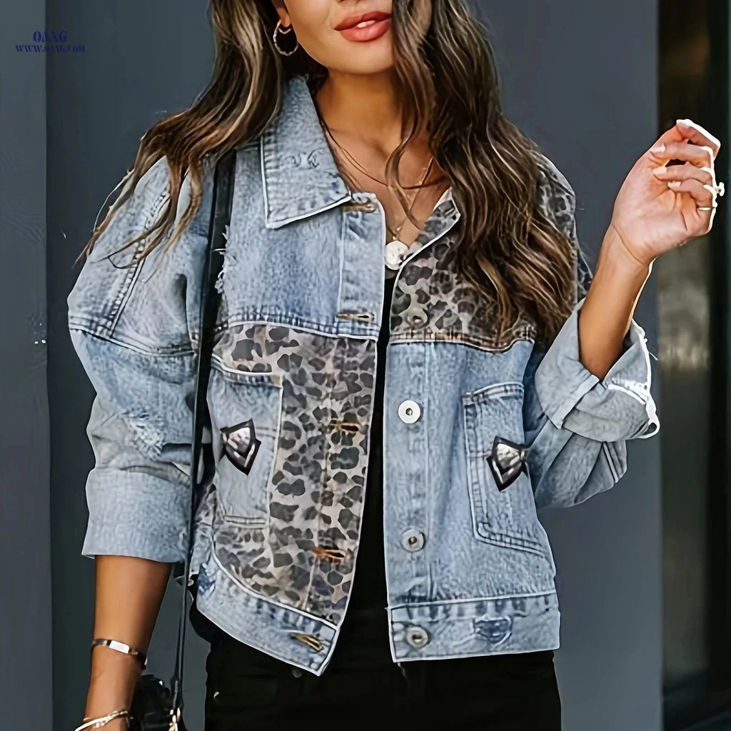 OAXG Women's Denim Top - Fashionable Leopard Print, Long Sleeves   OAXG 