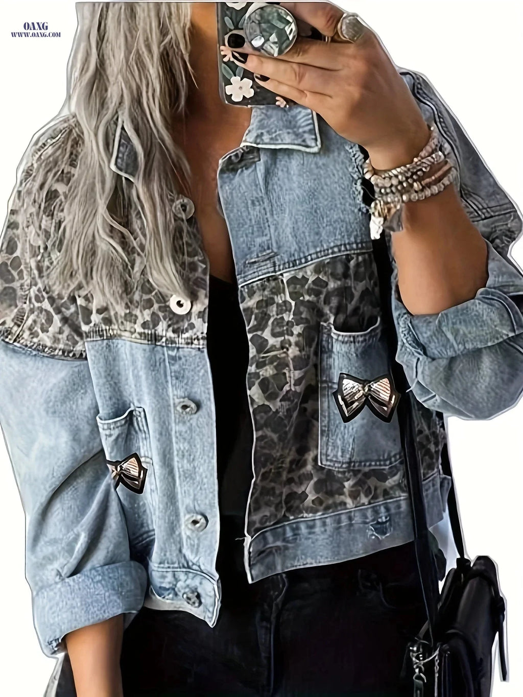 OAXG Women's Denim Top - Fashionable Leopard Print, Long Sleeves   OAXG 