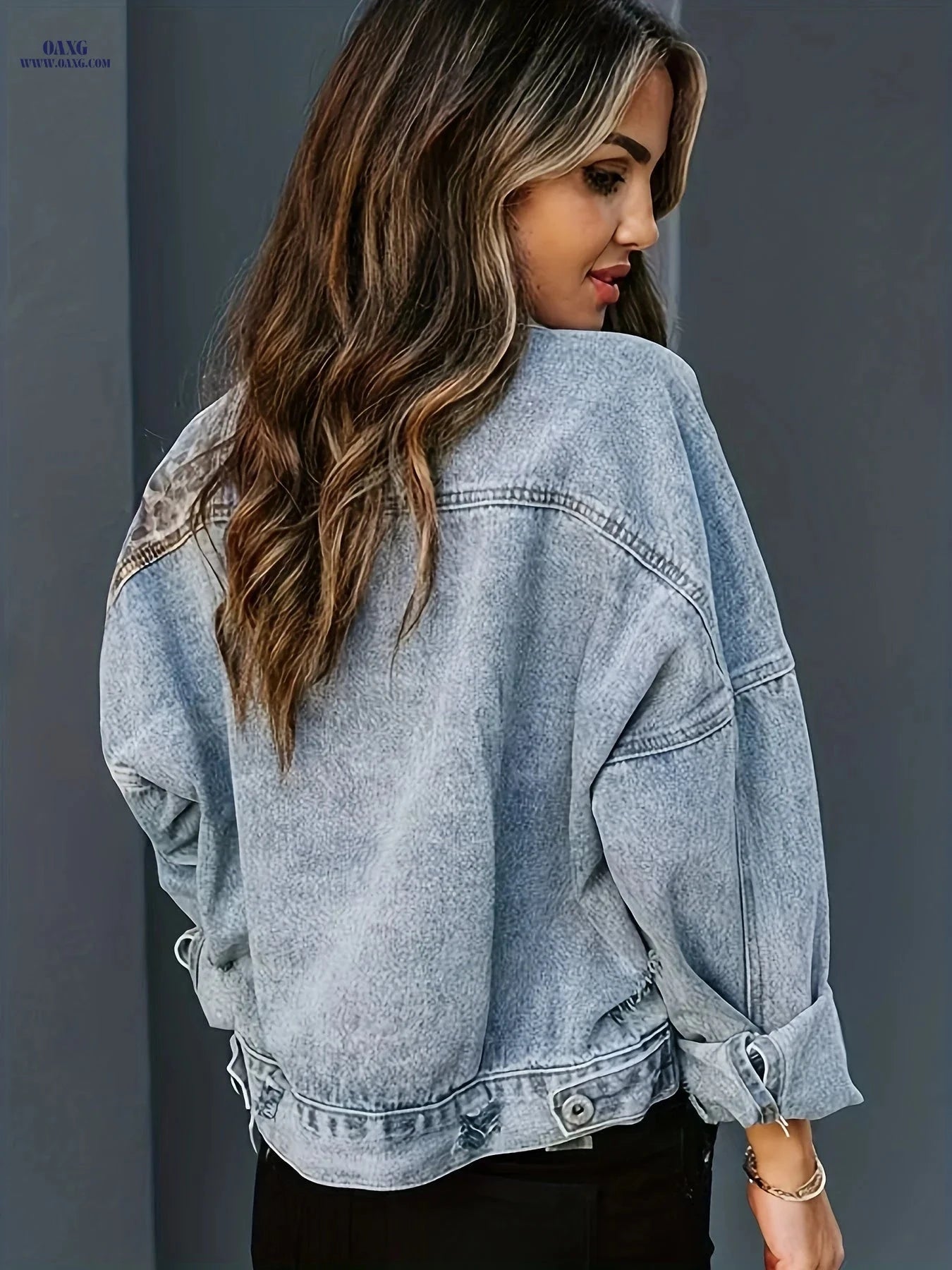 OAXG Women's Denim Top - Fashionable Leopard Print, Long Sleeves   OAXG 