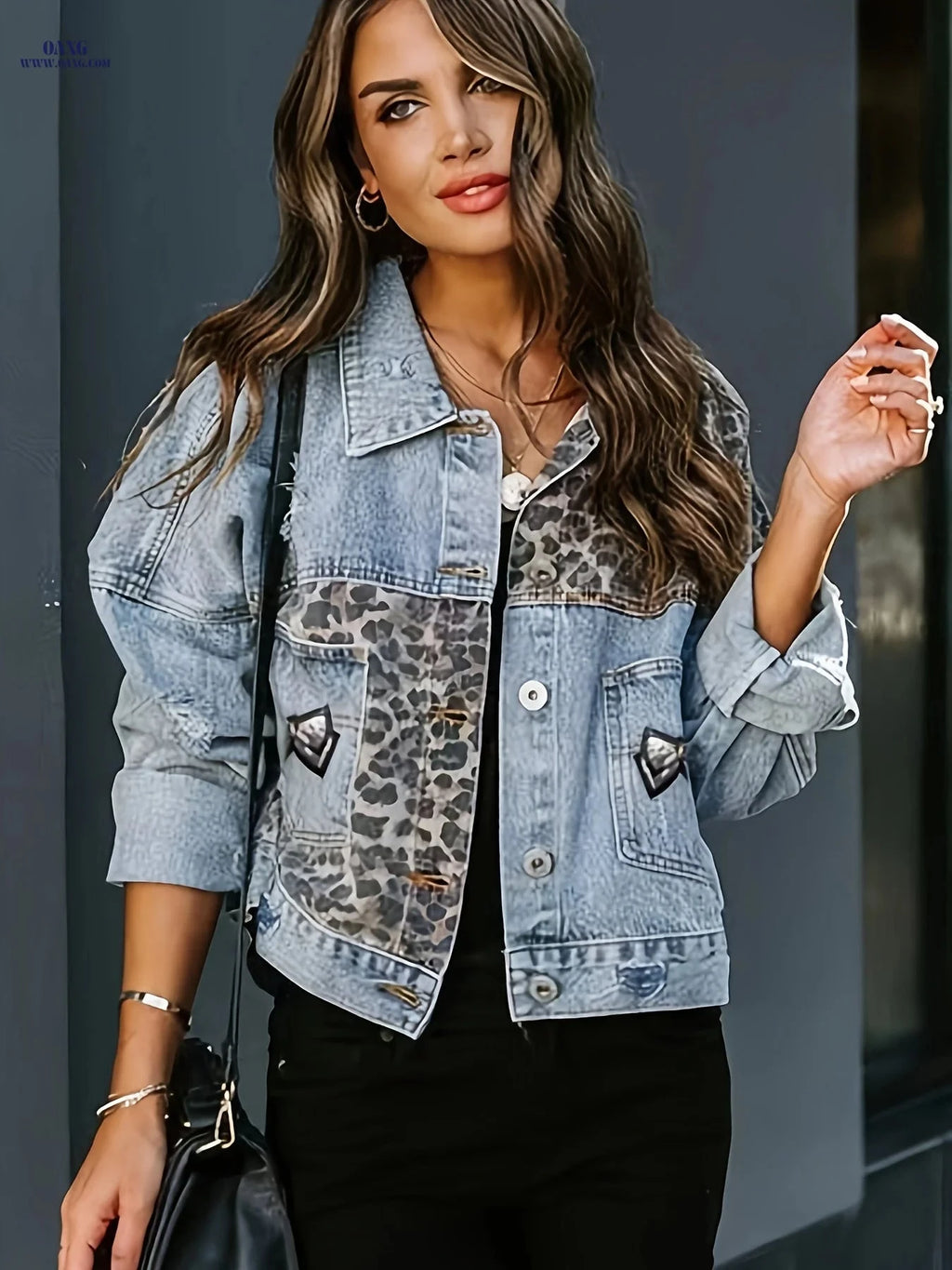 OAXG Women's Denim Top - Fashionable Leopard Print, Long Sleeves   OAXG 