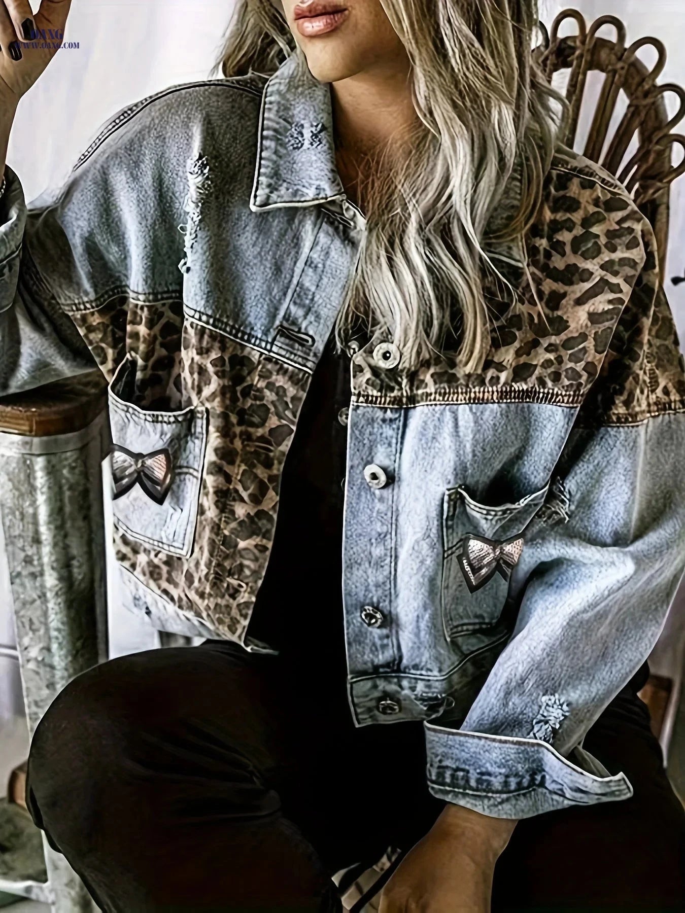 OAXG Women's Denim Top - Fashionable Leopard Print, Long Sleeves   OAXG 