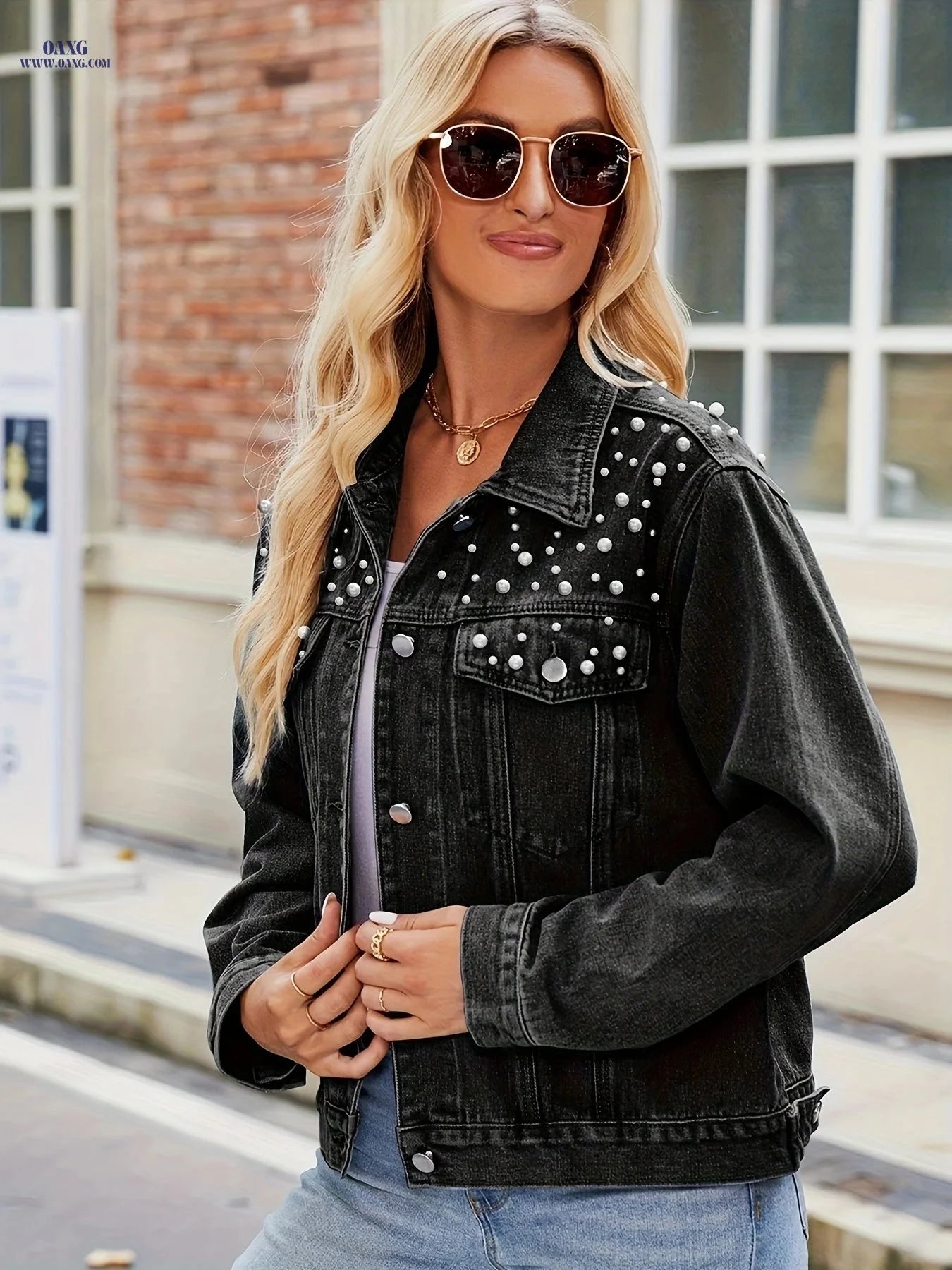 OAXG Women's Denim Top Jacket - Elegant Pearl Detail, Casual Style   OAXG 
