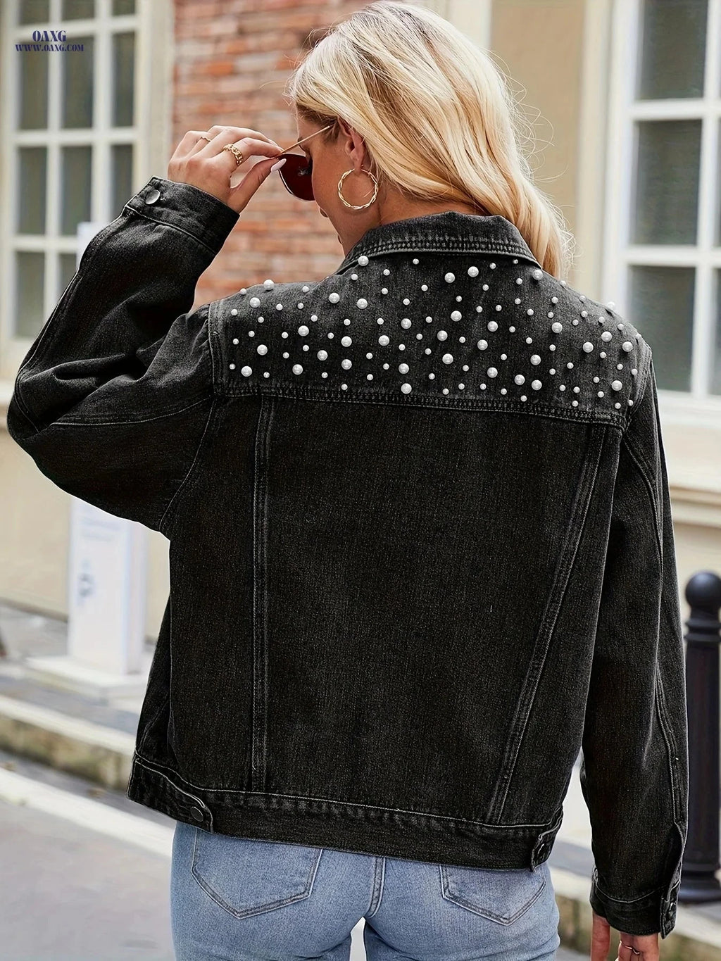 OAXG Women's Denim Top Jacket - Elegant Pearl Detail, Casual Style   OAXG 