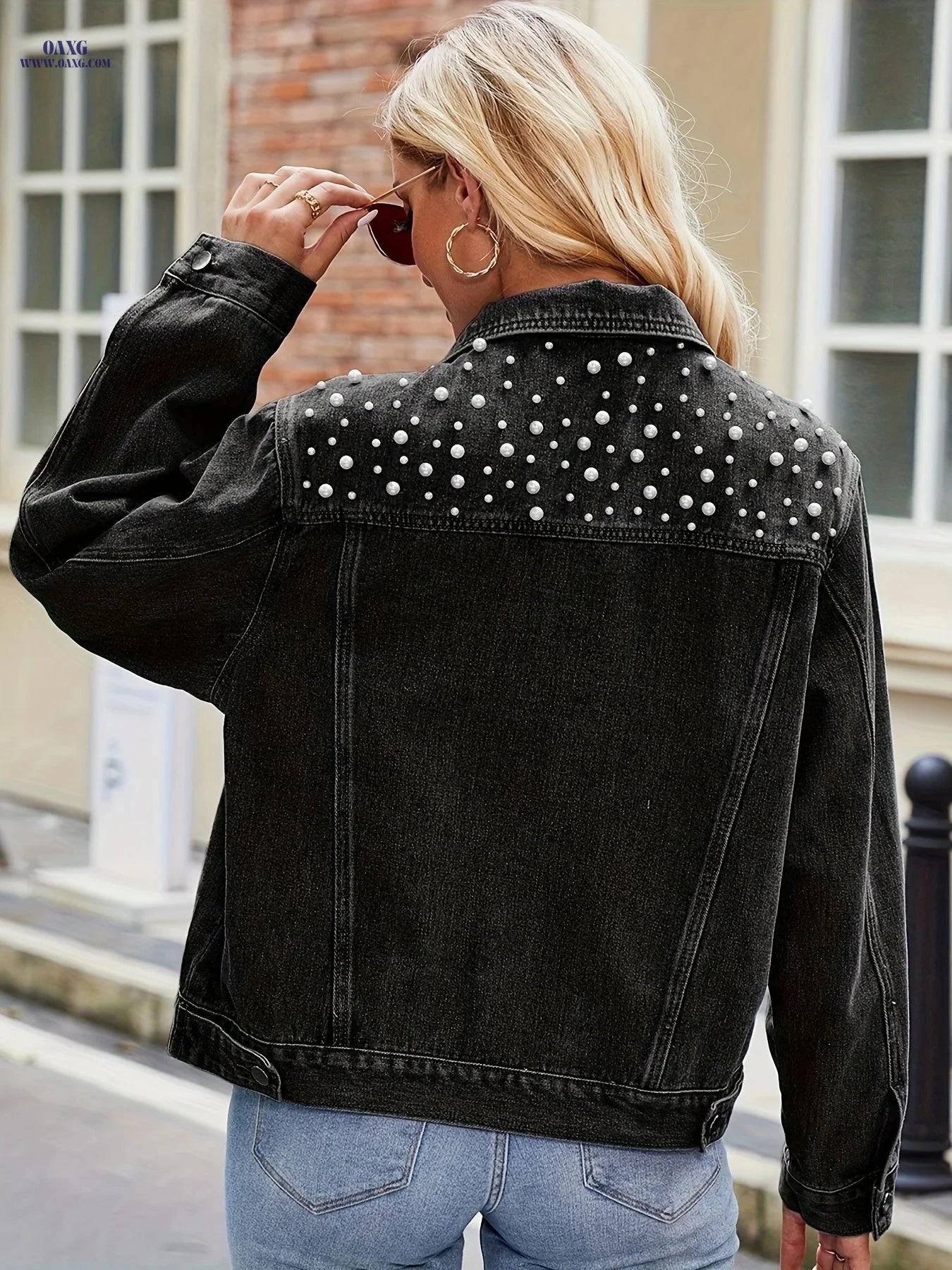 OAXG Women's Denim Top Jacket - Elegant Pearl Detail, Casual Style   OAXG 
