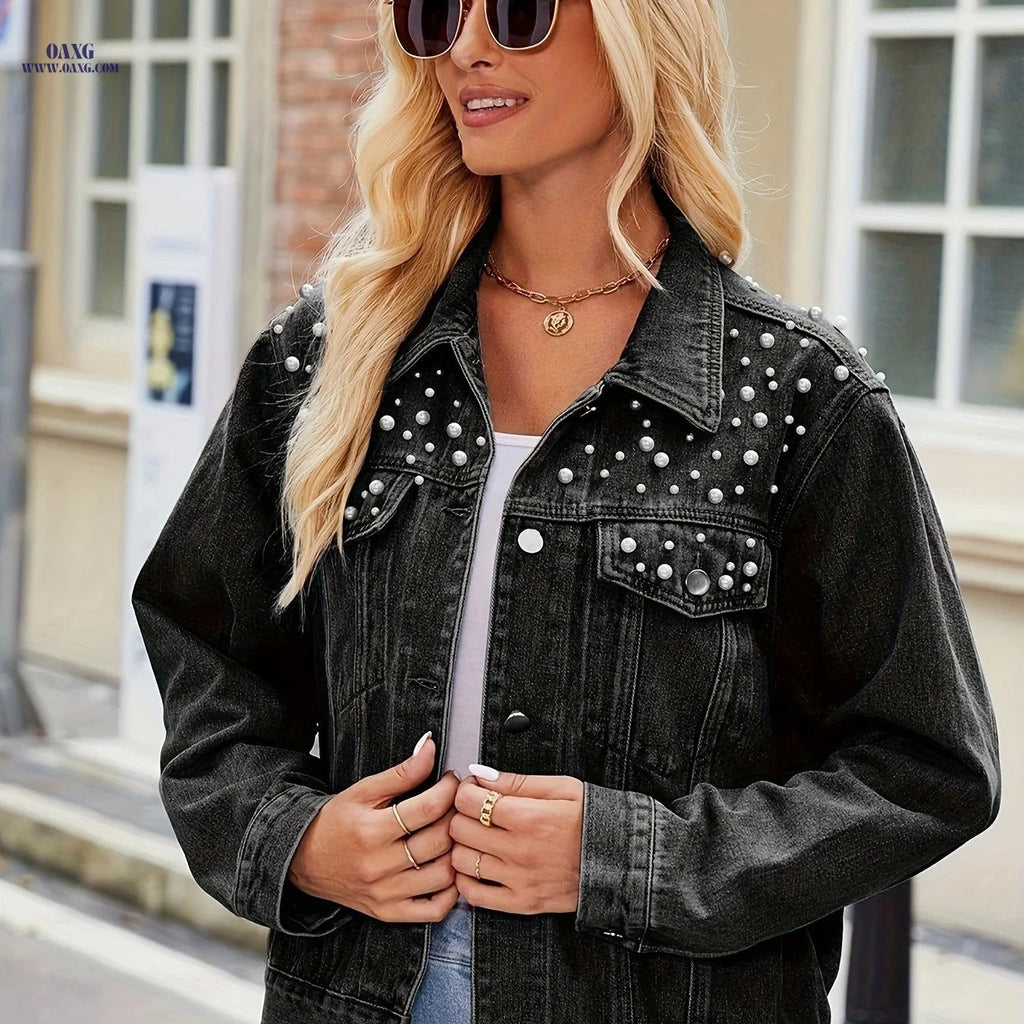 OAXG Women's Denim Top Jacket - Elegant Pearl Detail, Casual Style   OAXG 