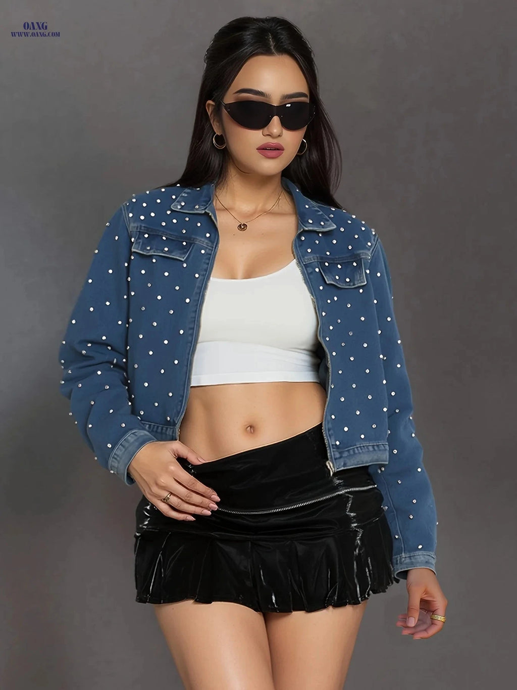 OAXG Women's Diamond Denim Jacket - Casual Spring/Summer Wear   OAXG 