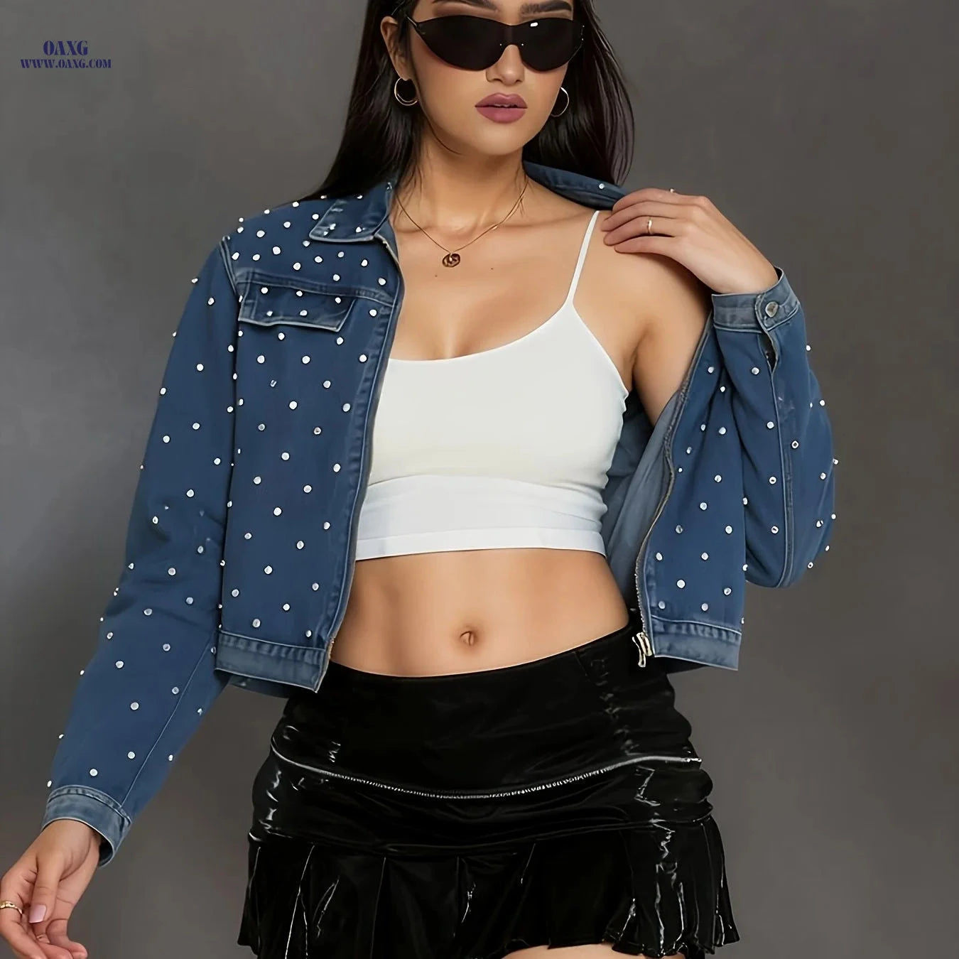 OAXG Women's Diamond Denim Jacket - Casual Spring/Summer Wear   OAXG 