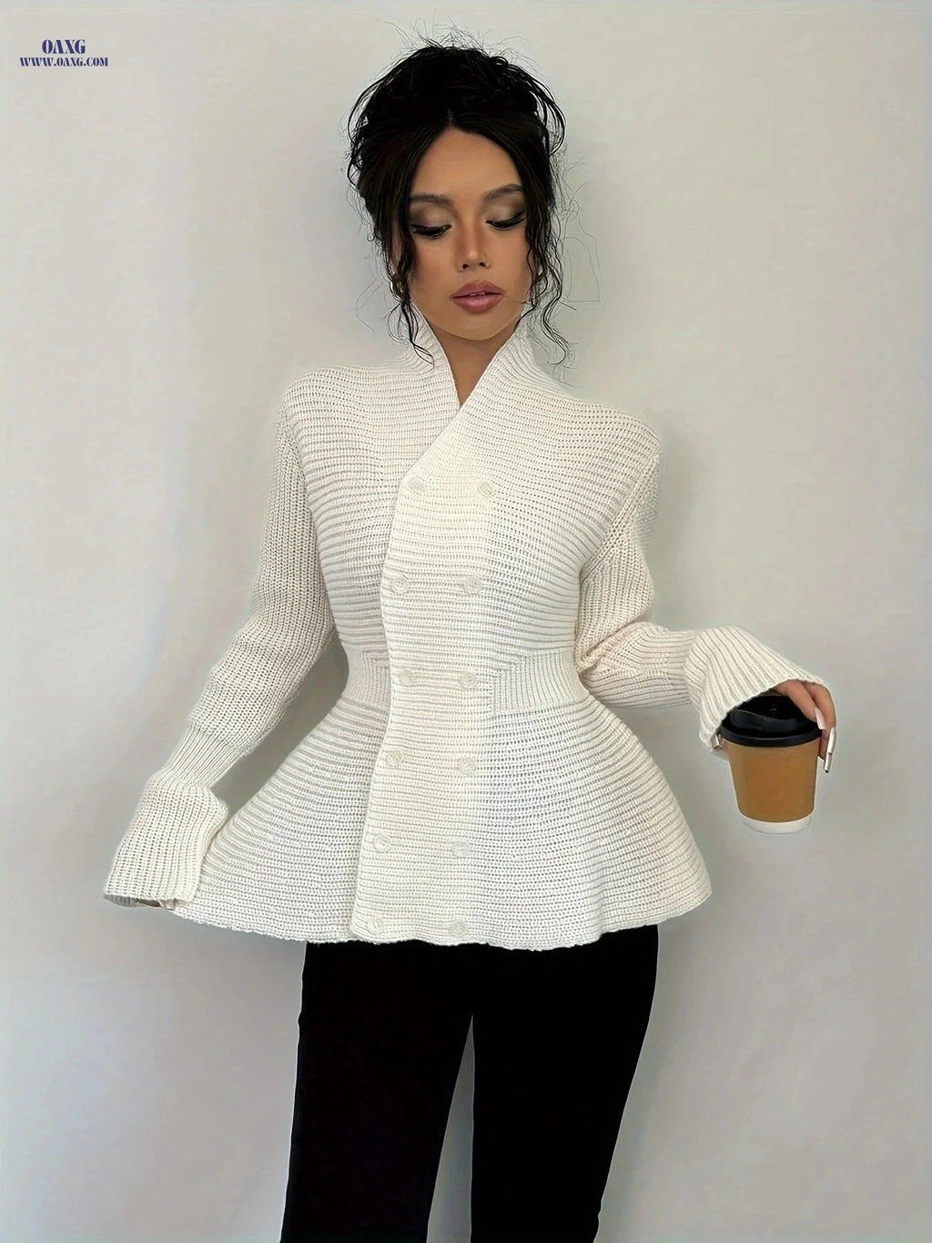 OAXG Women's Double-Breasted Cardigan - Elegant Casual Top Coat   OAXG White / S