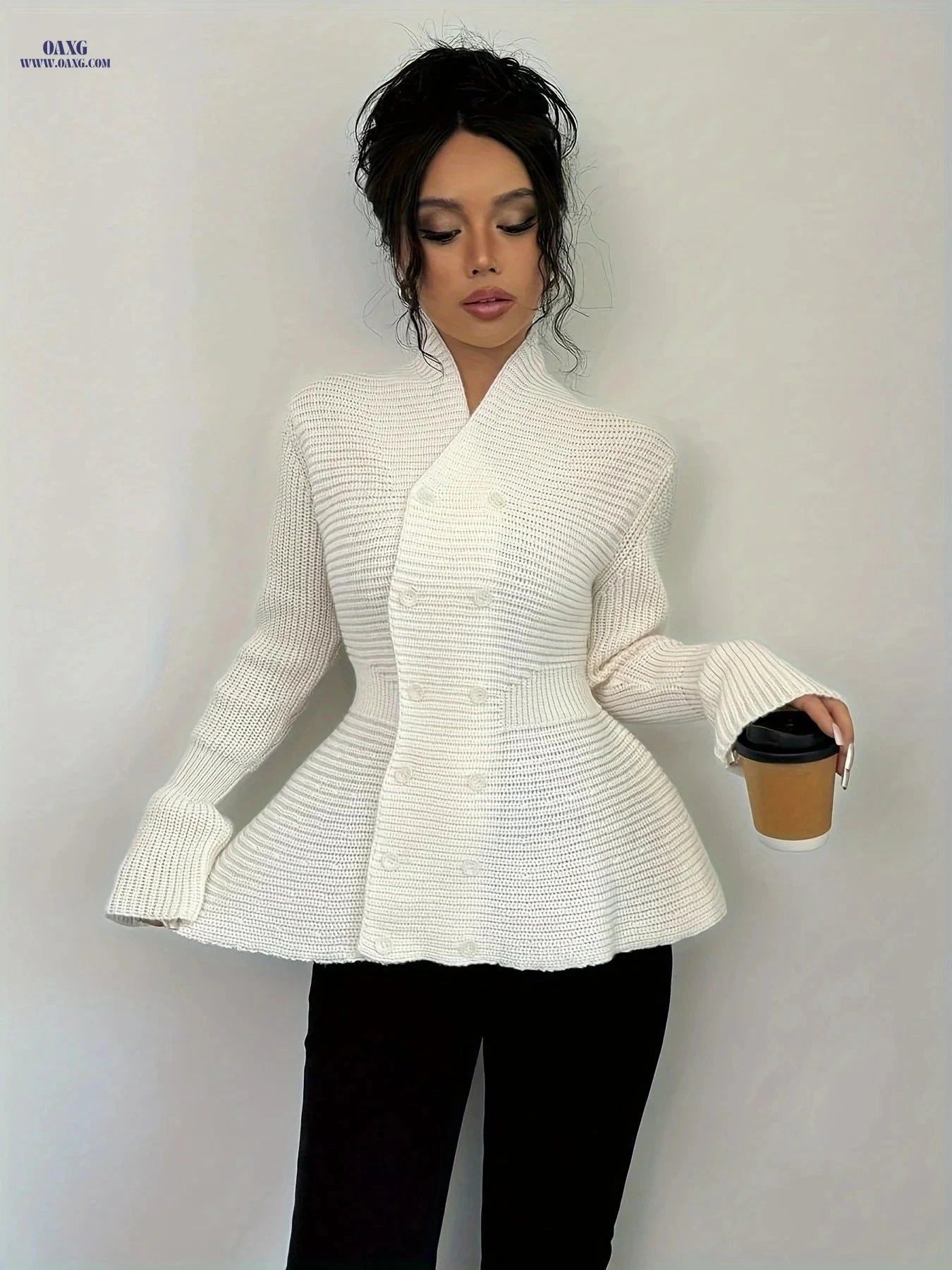 OAXG Women's Double-Breasted Cardigan - Elegant Casual Top Coat   OAXG White / S