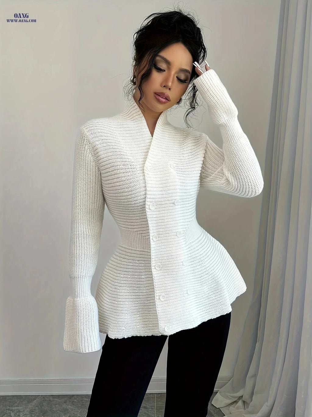 OAXG Women's Double-Breasted Cardigan - Elegant Casual Top Coat   OAXG White / S