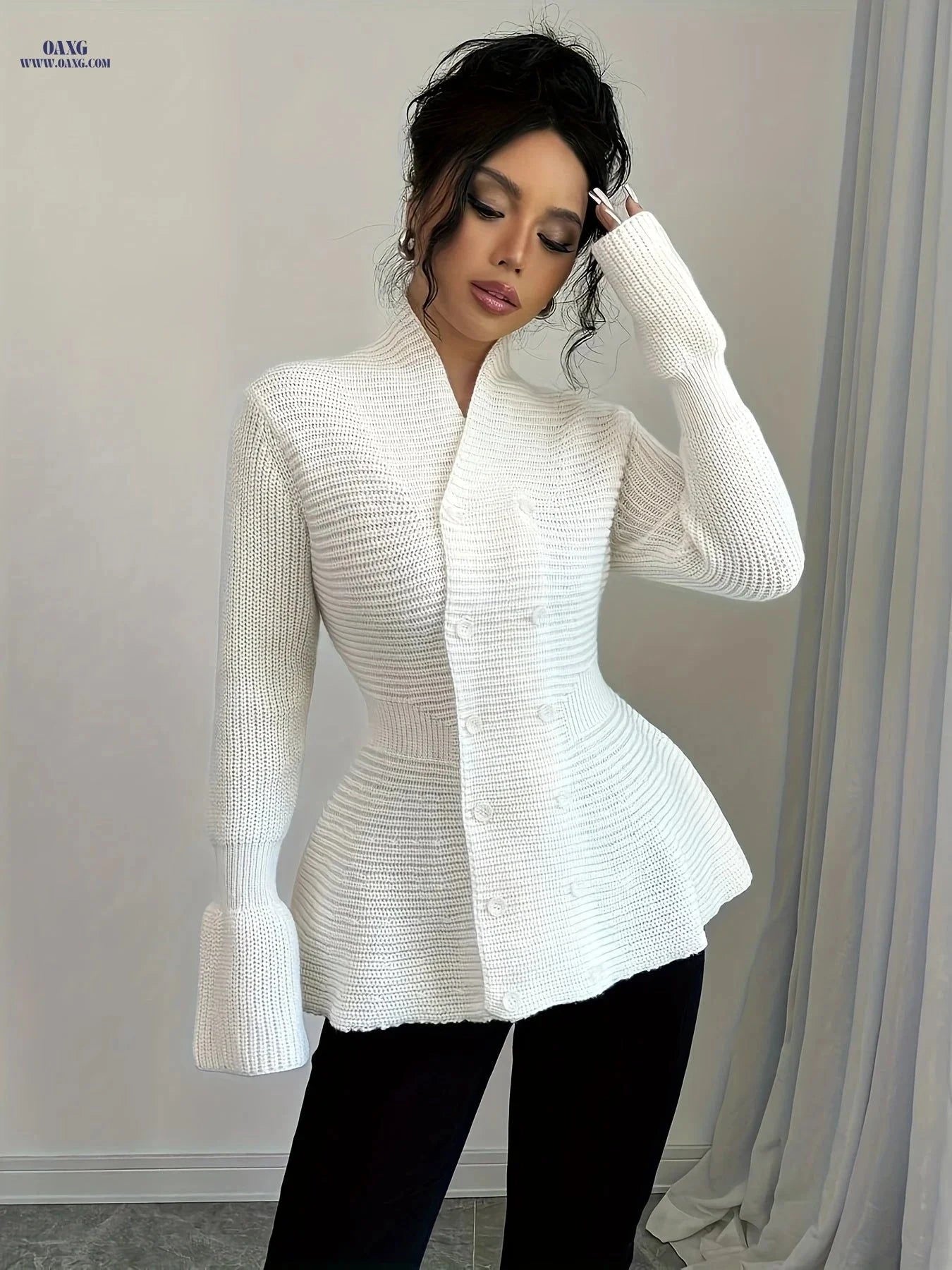 OAXG Women's Double-Breasted Cardigan - Elegant Casual Top Coat   OAXG White / S