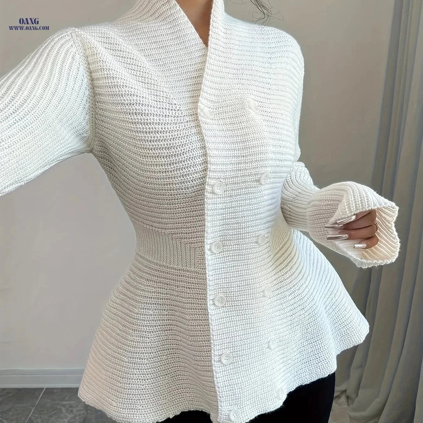OAXG Women's Double-Breasted Cardigan - Elegant Casual Top Coat   OAXG White / S