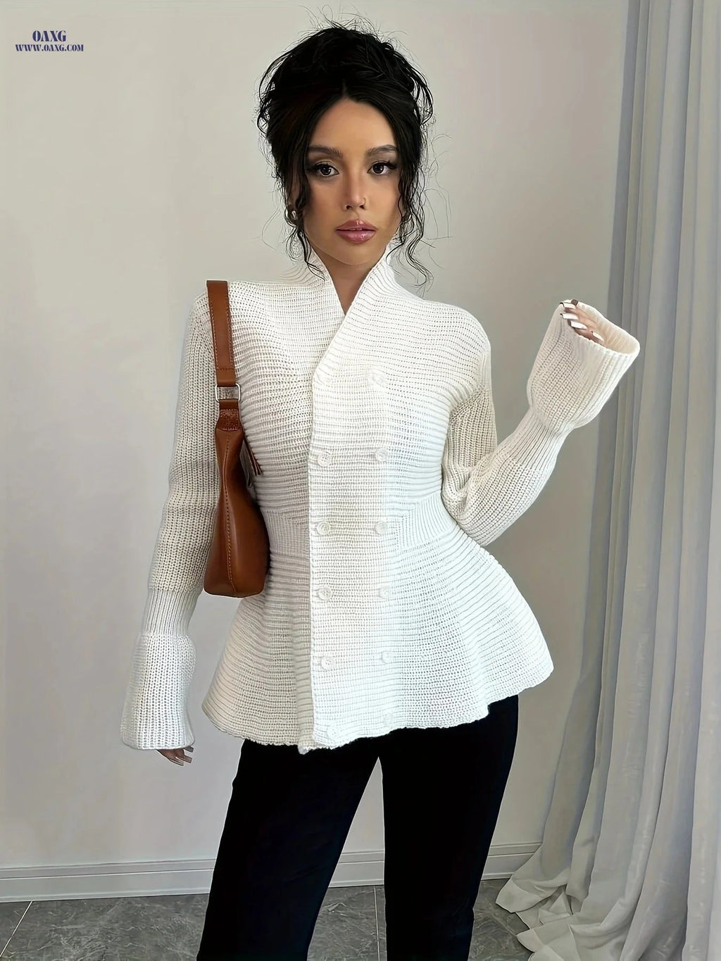 OAXG Women's Double-Breasted Cardigan - Elegant Casual Top Coat   OAXG White / S