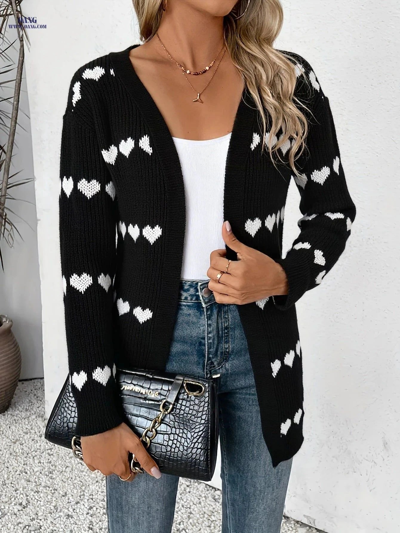 OAXG Women's Elegant Cardigan - Color Block Heart Design, Medium-Long   OAXG Black / S