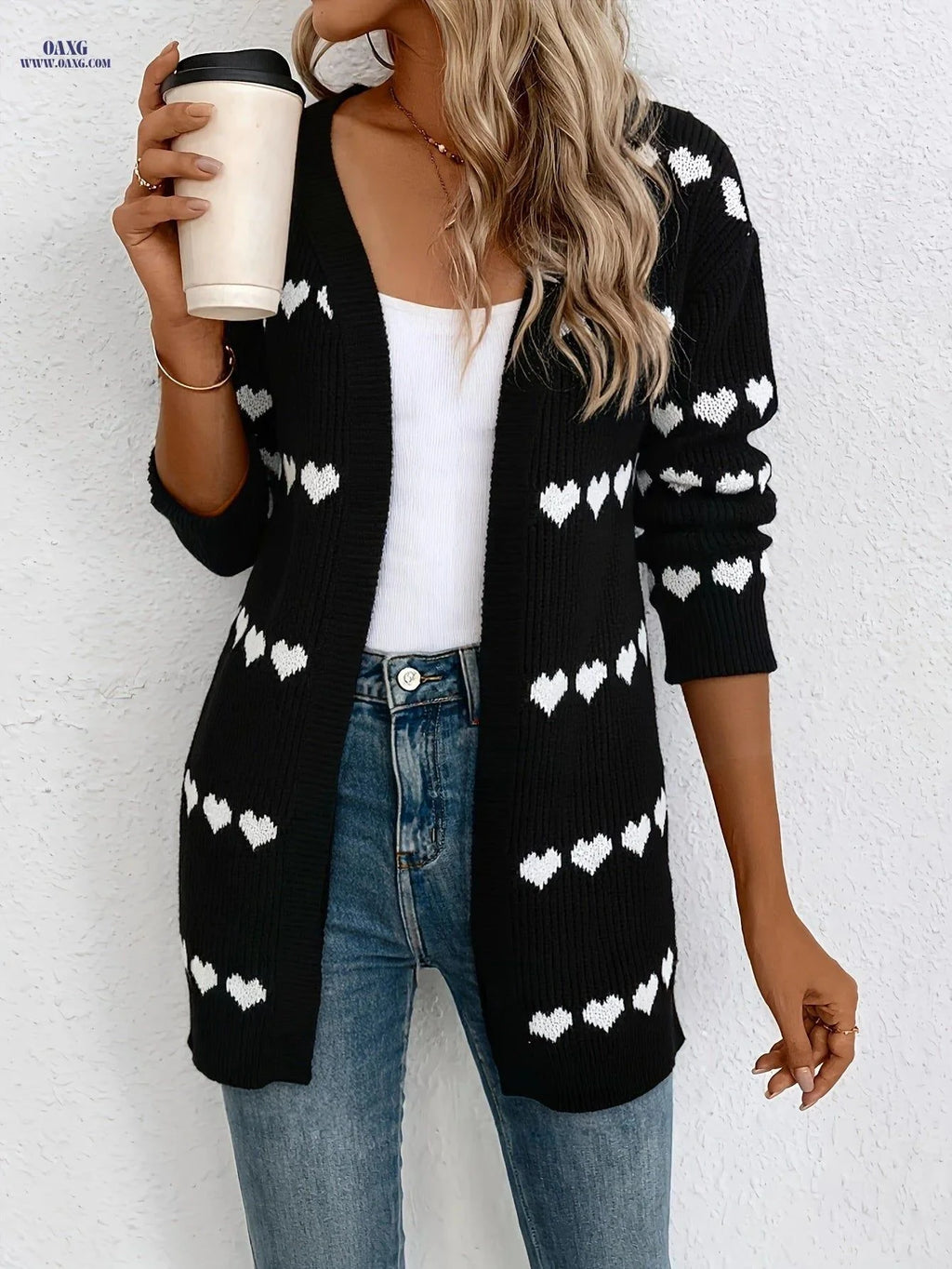 OAXG Women's Elegant Cardigan - Color Block Heart Design, Medium-Long   OAXG Black / S