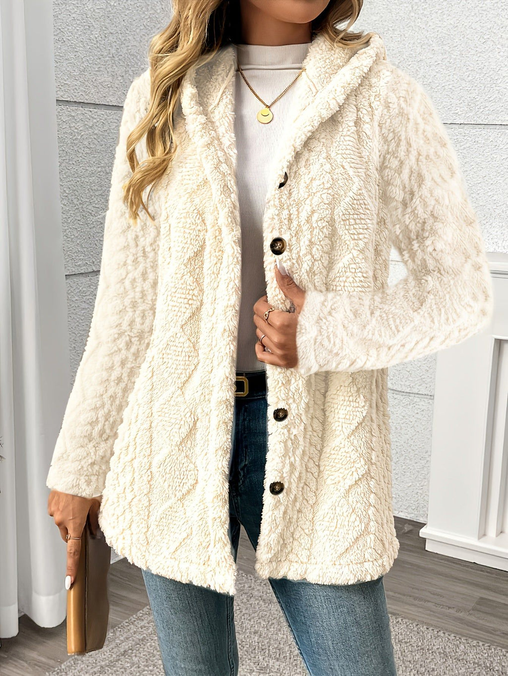 OAXG Women's Elegant Hooded Teddy Bear Coat - Rhombus Design   OAXG Beige / S