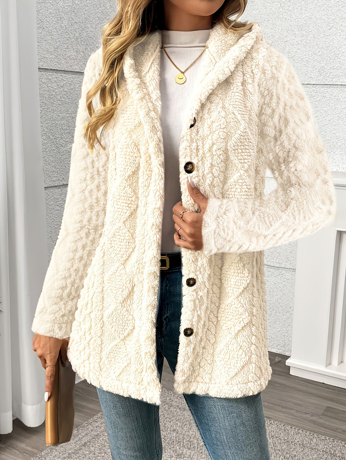OAXG Women's Elegant Hooded Teddy Bear Coat - Rhombus Design   OAXG Beige / S