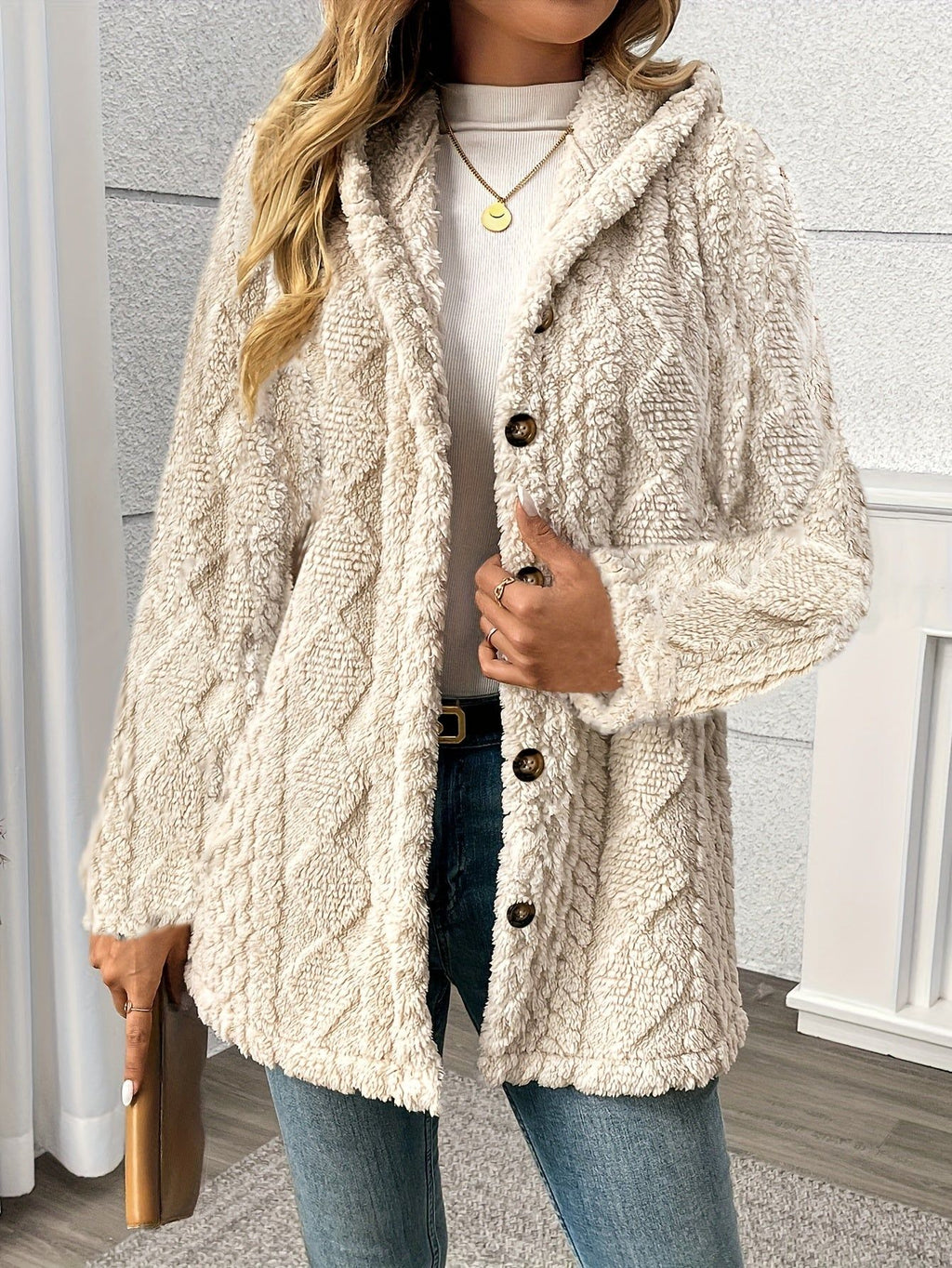 OAXG Women's Elegant Hooded Teddy Bear Coat - Rhombus Design   OAXG Beige / S