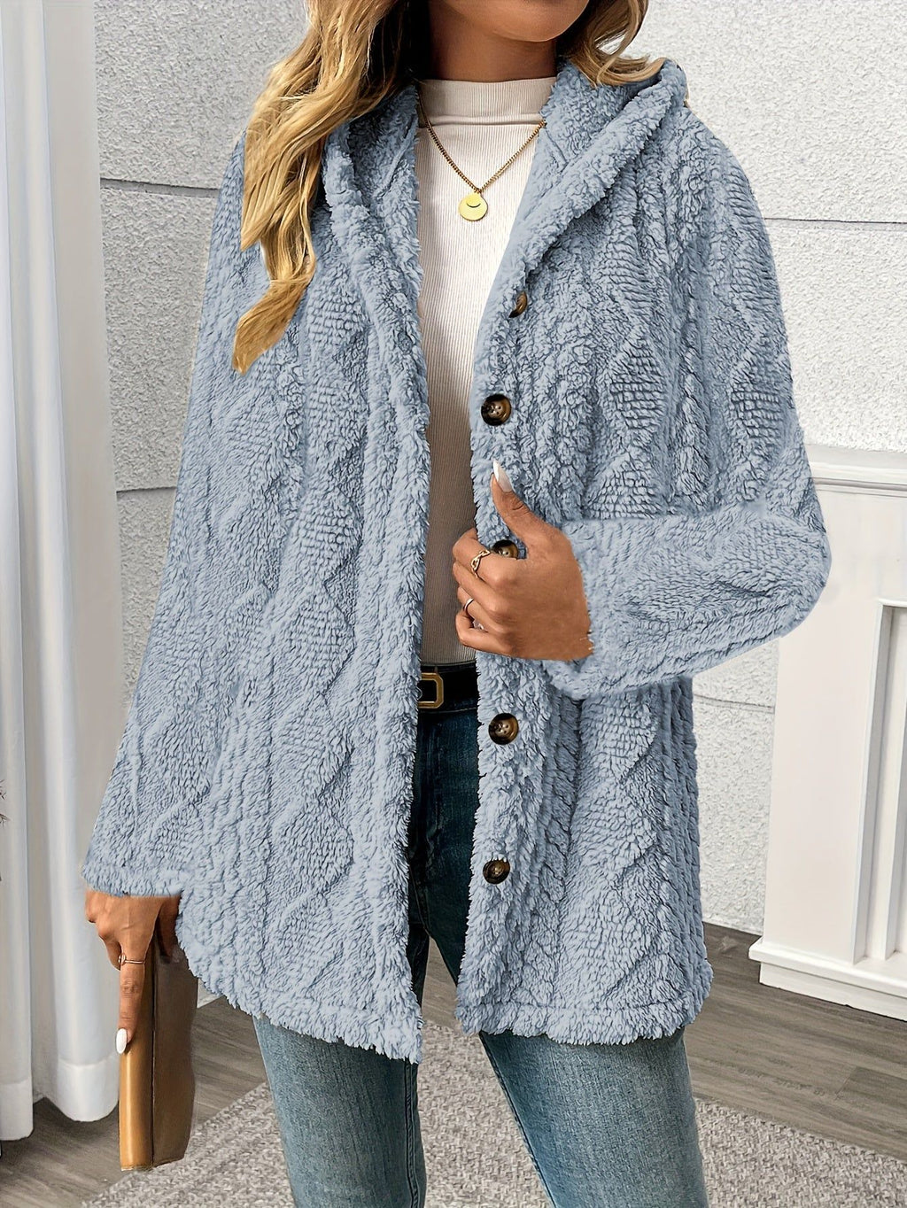 OAXG Women's Elegant Hooded Teddy Bear Coat - Rhombus Design   OAXG Beige / S