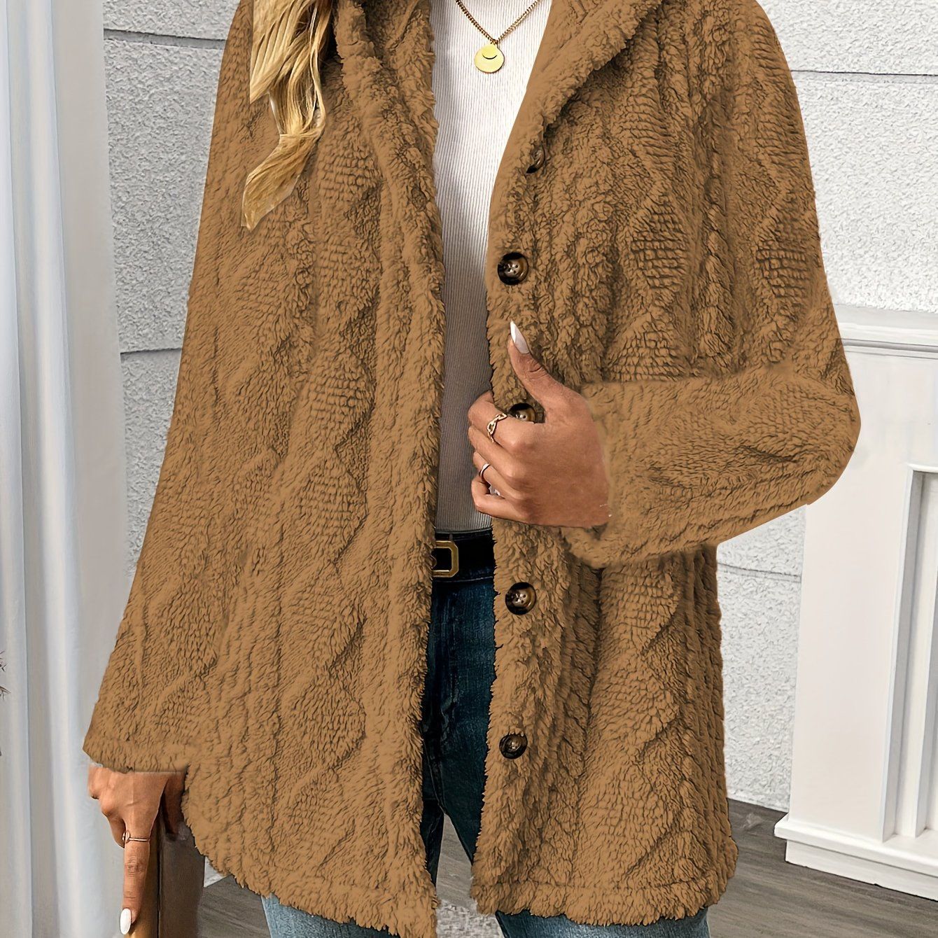 OAXG Women's Elegant Hooded Teddy Bear Coat - Rhombus Design   OAXG Beige / S