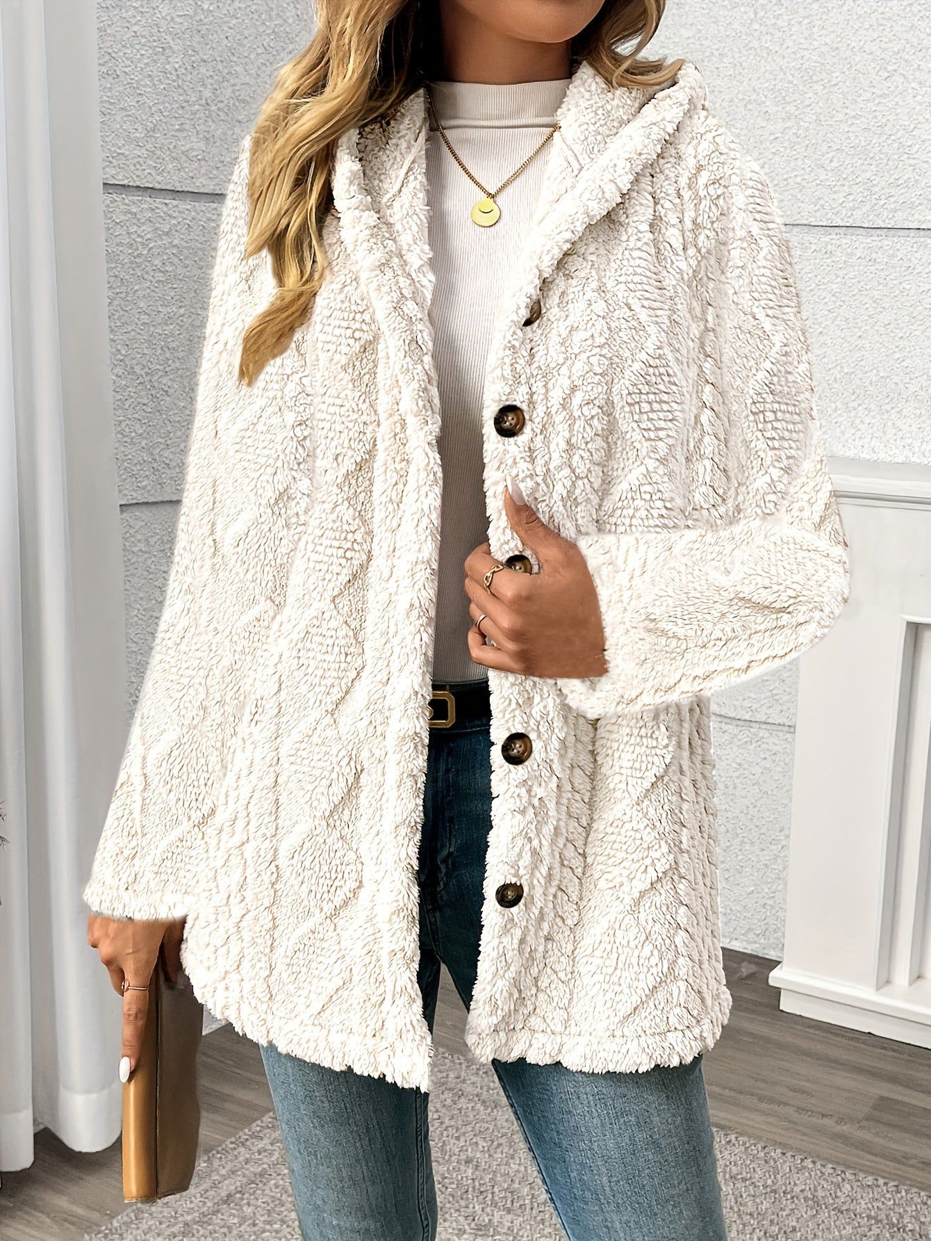 OAXG Women's Elegant Hooded Teddy Bear Coat - Rhombus Design   OAXG Beige / S
