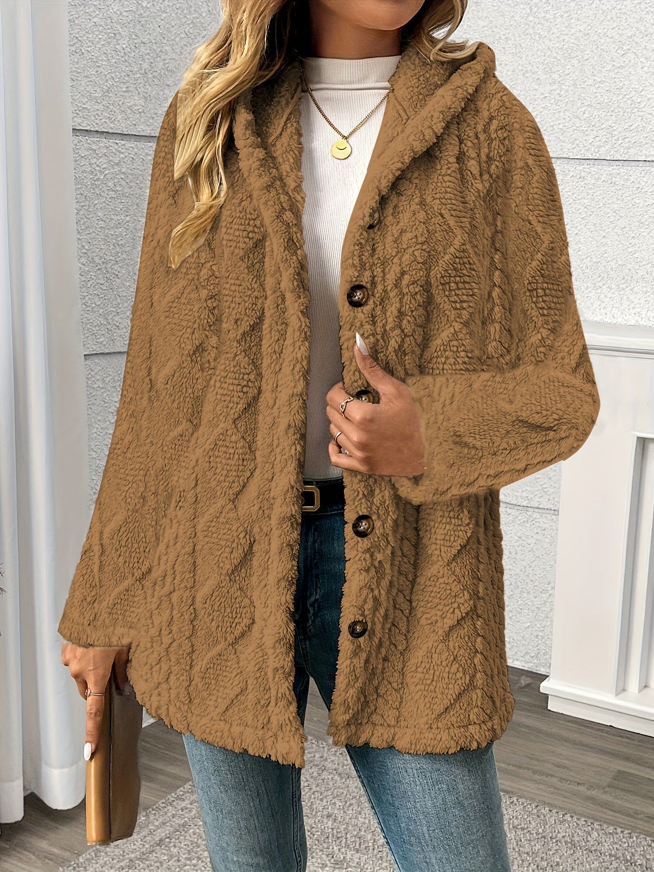 OAXG Women's Elegant Hooded Teddy Bear Coat - Rhombus Design   OAXG Beige / S