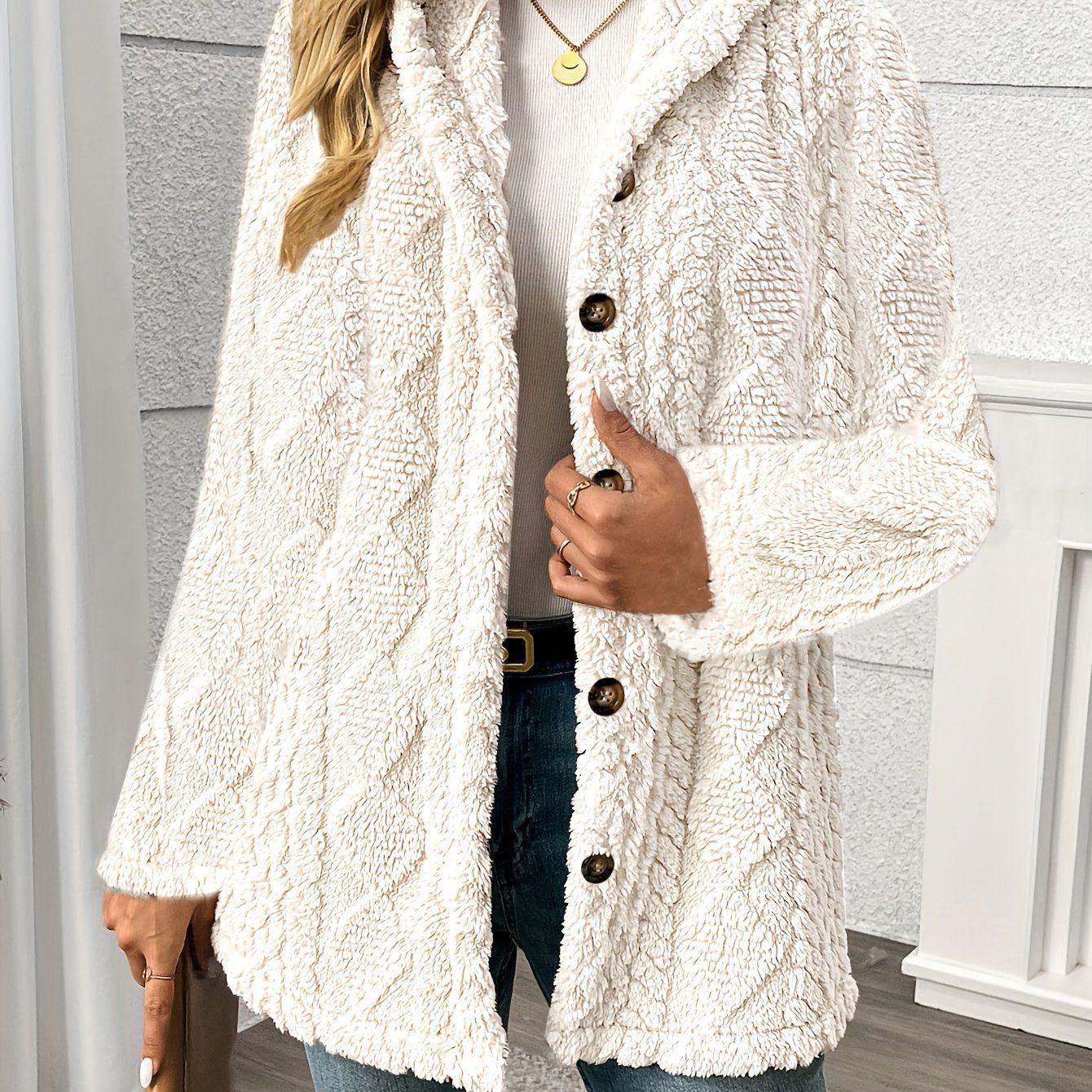 OAXG Women's Elegant Hooded Teddy Bear Coat - Rhombus Design   OAXG Beige / S