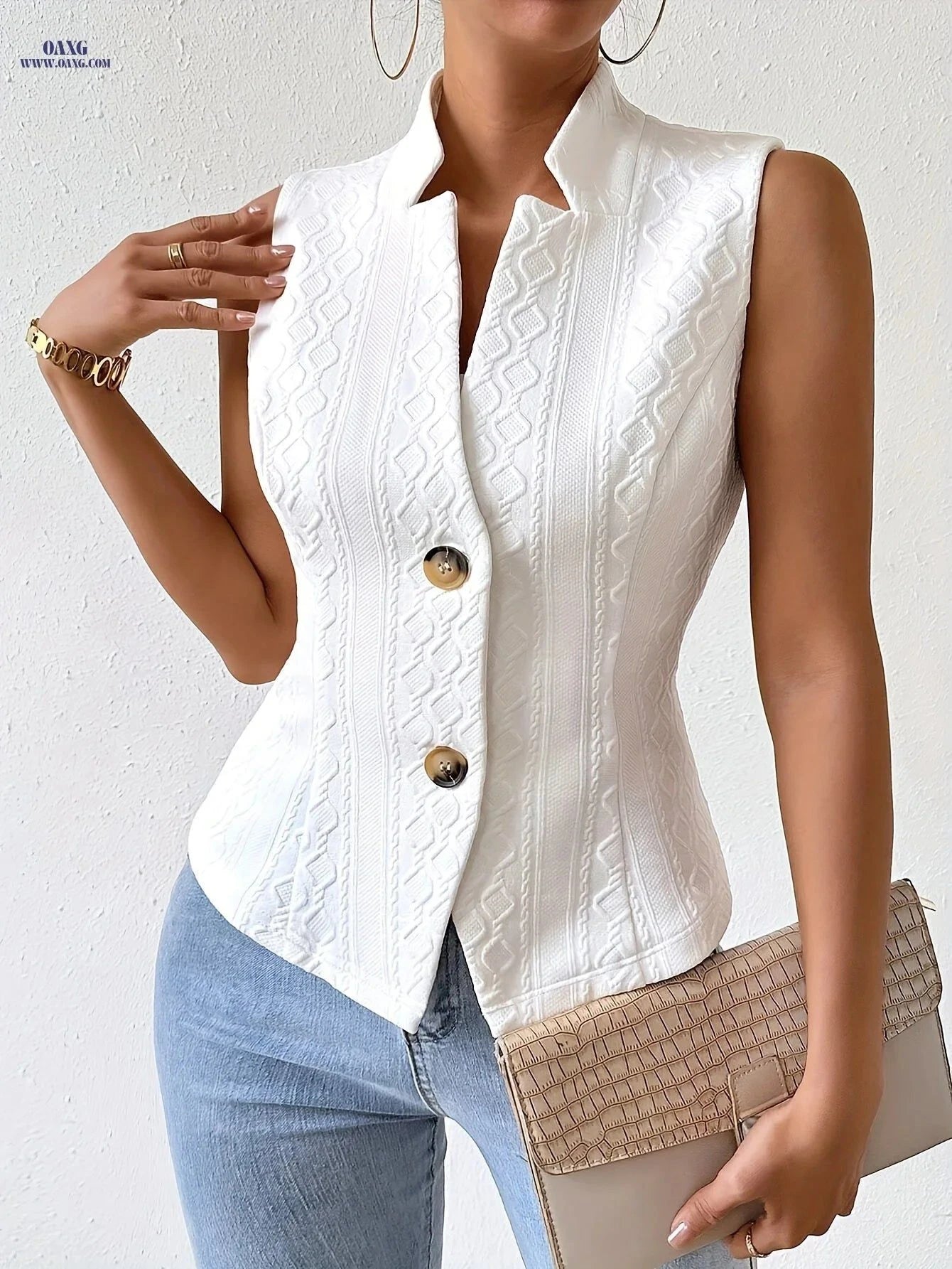 OAXG Women's Elegant Jacquard Blazer - All-Season, Versatile Vest Jacket   OAXG White / XS