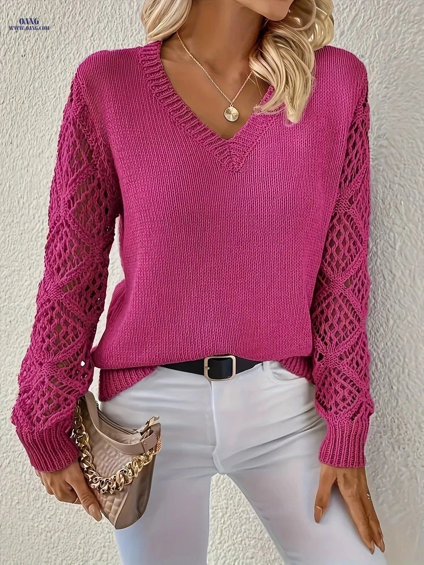 OAXG Women's Elegant Long Sleeve Sweater - V-Neck, Micro Elasticity   OAXG Olive / M