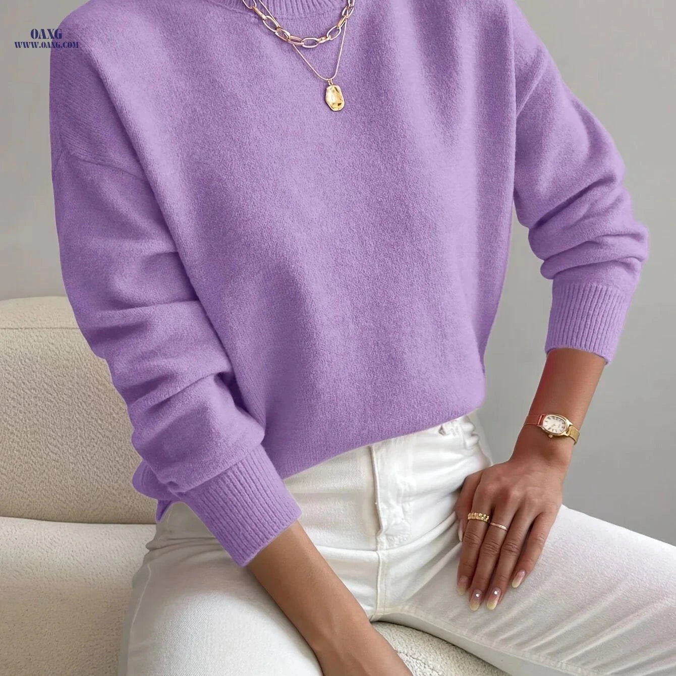 OAXG Women's Elegant Mock Neck Pullover - Long Sleeve Sweater   OAXG Black / XS