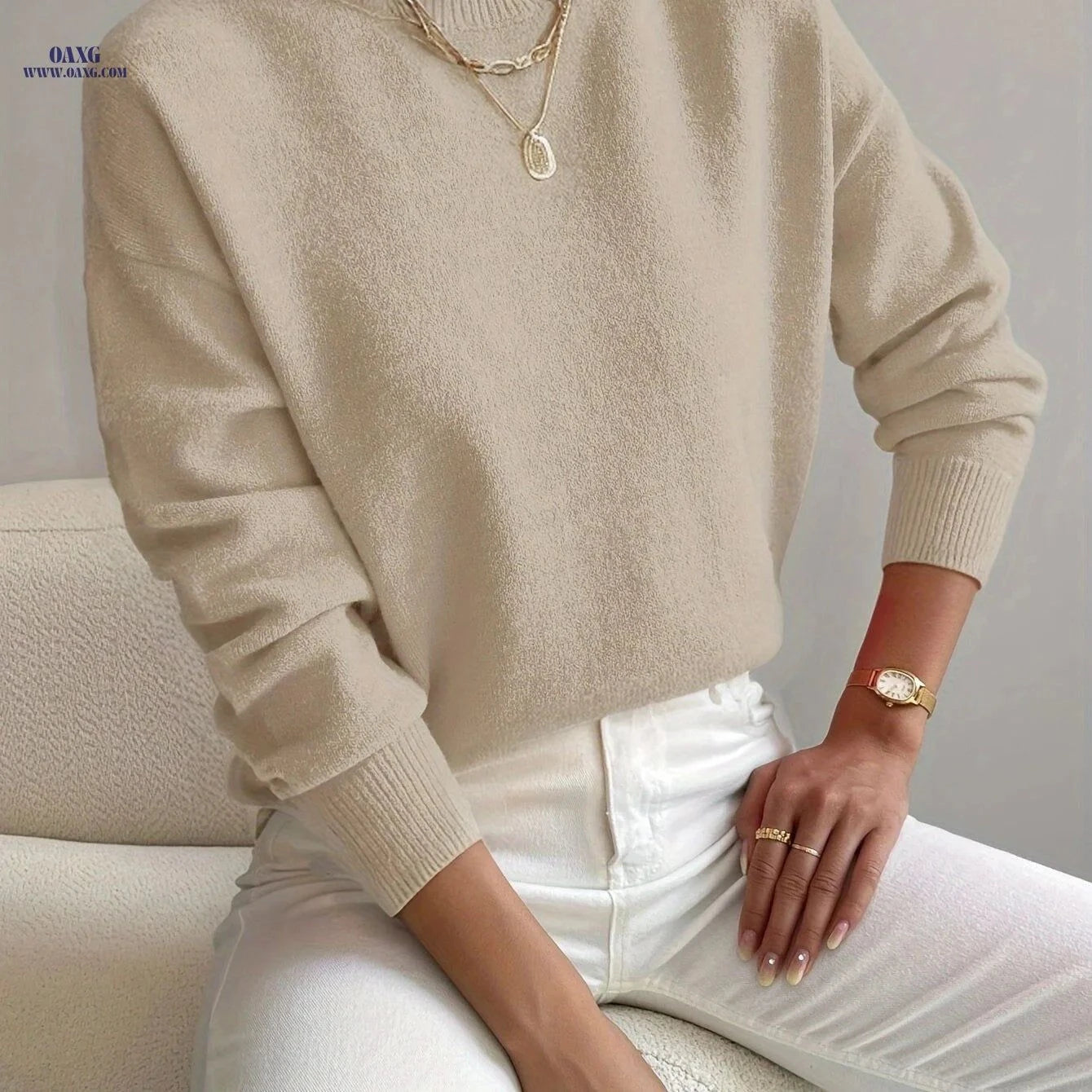 OAXG Women's Elegant Mock Neck Pullover - Long Sleeve Sweater   OAXG Black / XS