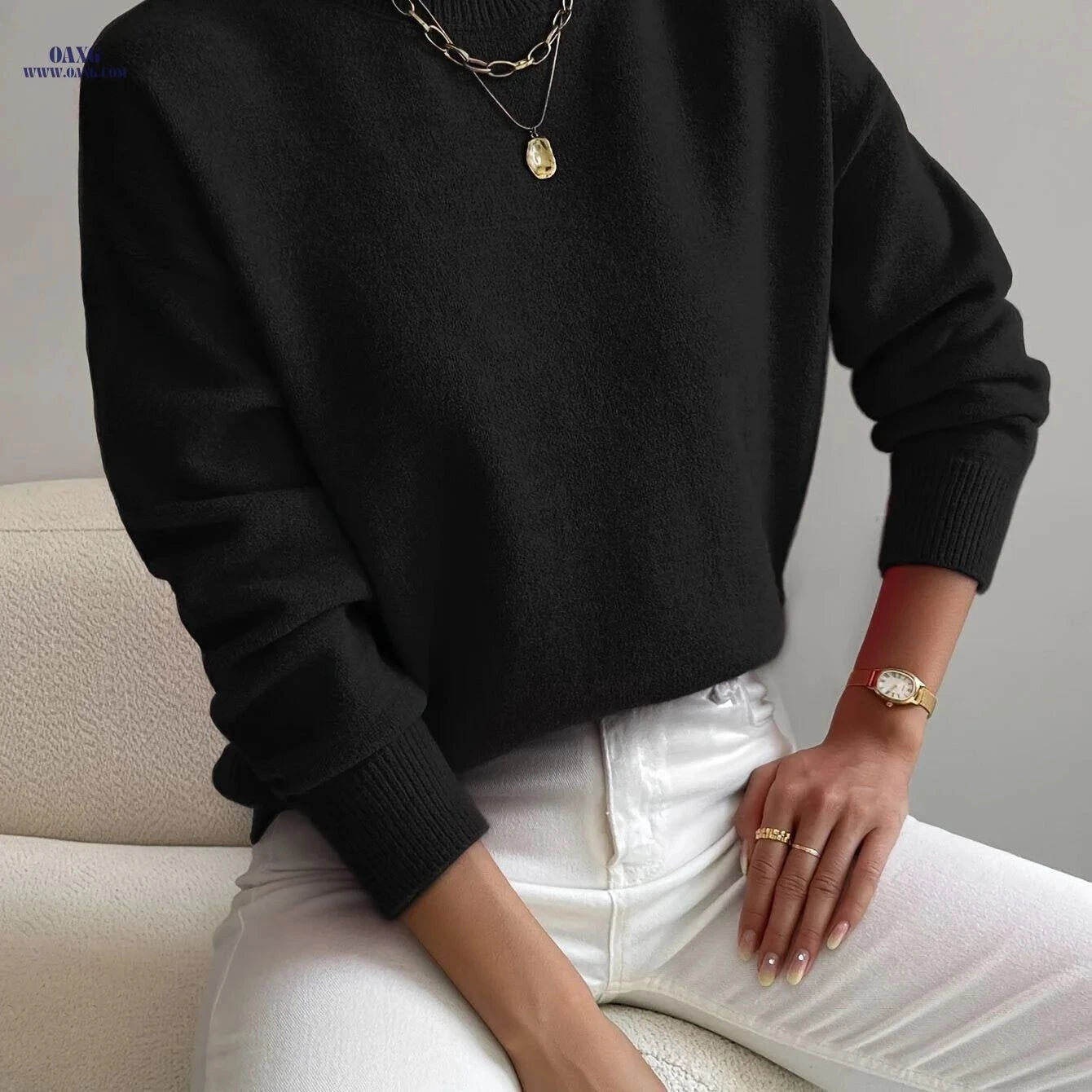 OAXG Women's Elegant Mock Neck Pullover Sweater - Long Sleeve   OAXG Black / XS
