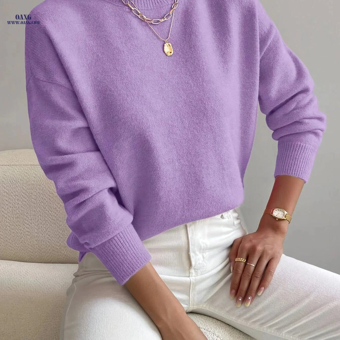 OAXG Women's Elegant Mock Neck Pullover Sweater - Long Sleeve   OAXG Black / XS