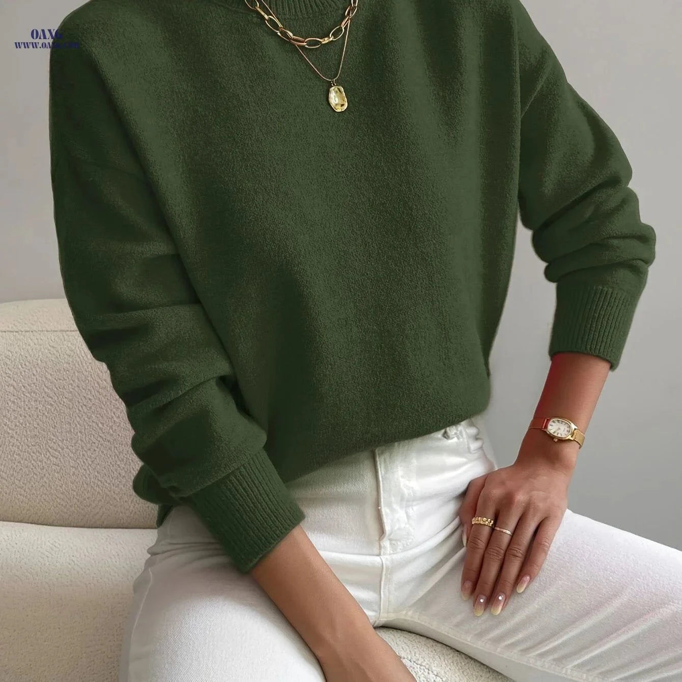 OAXG Women's Elegant Mock Neck Pullover Sweater - Long Sleeve   OAXG Black / XS