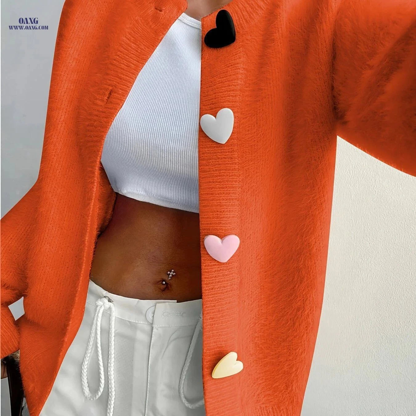 OAXG Women's Elegant Plush Cardigan - Colorful Heart Buttons, All-Season   OAXG Bright Yellow / S