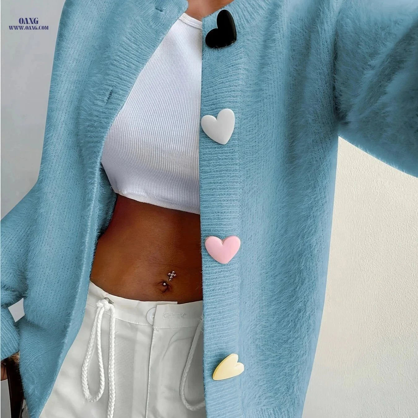 OAXG Women's Elegant Plush Cardigan - Colorful Heart Buttons, All-Season   OAXG Bright Yellow / S