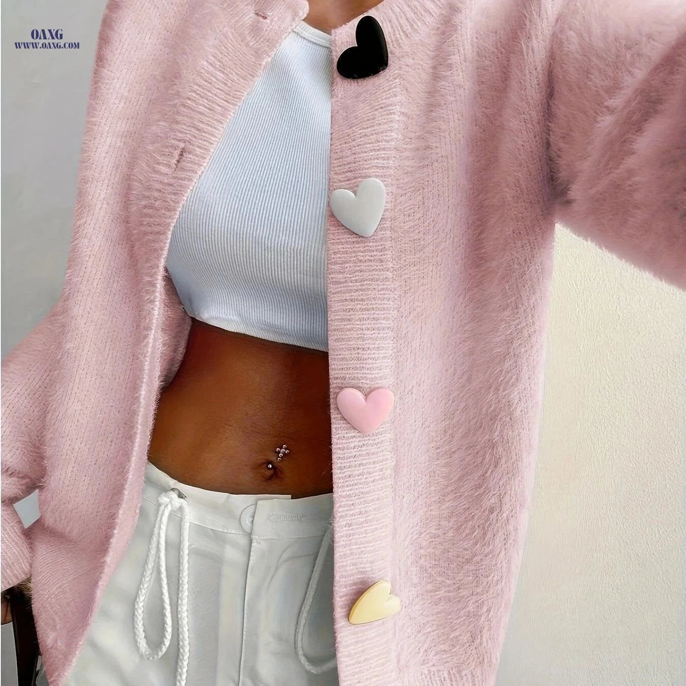 OAXG Women's Elegant Plush Cardigan - Colorful Heart Buttons, All-Season   OAXG Bright Yellow / S