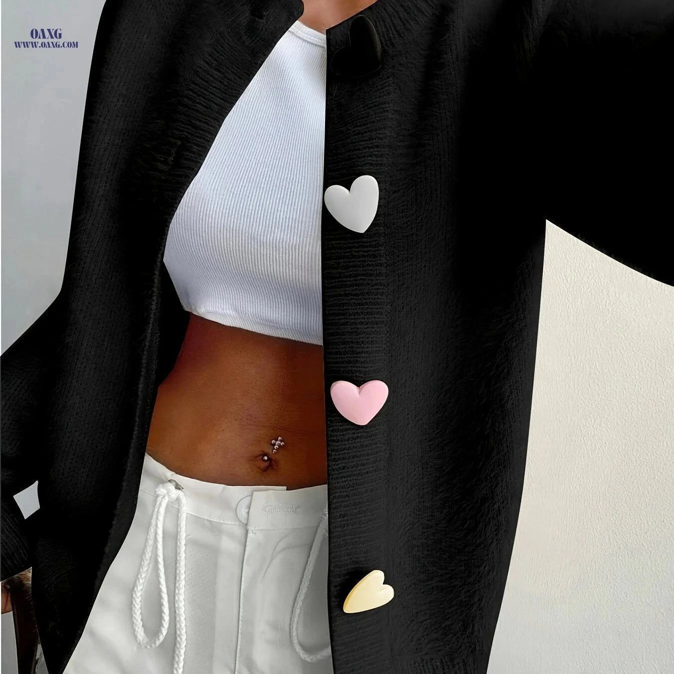 OAXG Women's Elegant Plush Cardigan - Colorful Heart Buttons, All-Season   OAXG Bright Yellow / S