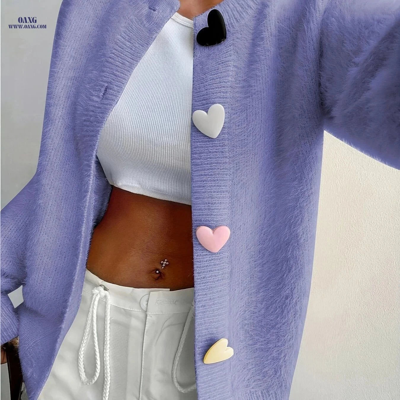 OAXG Women's Elegant Plush Cardigan - Colorful Heart Buttons, All-Season   OAXG Bright Yellow / S