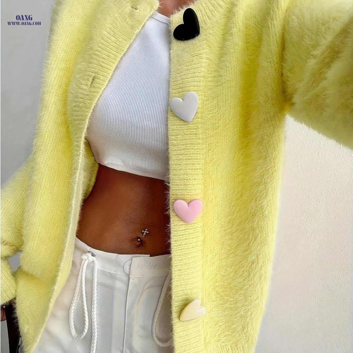 OAXG Women's Elegant Plush Cardigan - Colorful Heart Buttons, All-Season   OAXG Bright Yellow / S