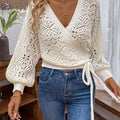 OAXG Women's Elegant V-Neck Lantern Sleeve Sweater - Semi-Sheer Style   OAXG Milky / S