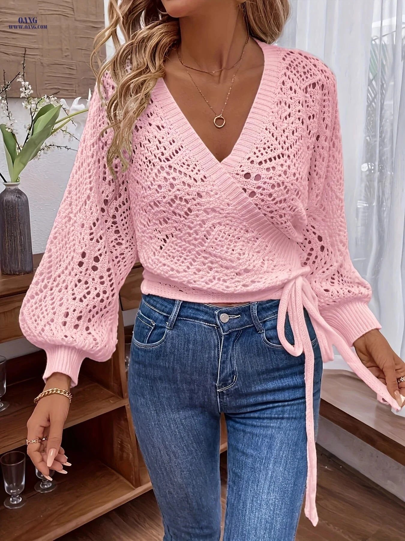 OAXG Women's Elegant V-Neck Lantern Sleeve Sweater - Semi-Sheer Style   OAXG Milky / S
