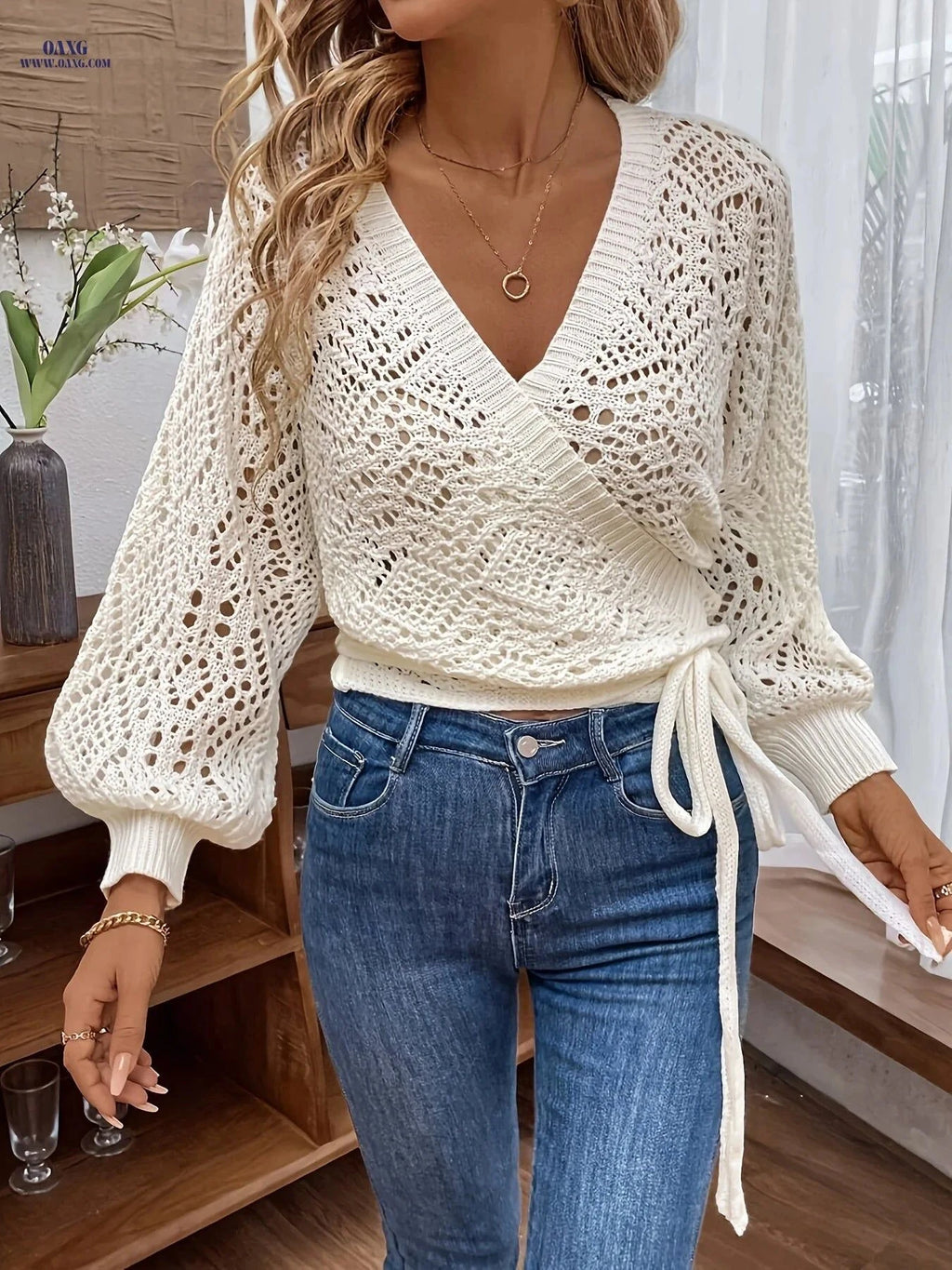 OAXG Women's Elegant V-Neck Lantern Sleeve Sweater - Semi-Sheer Style   OAXG Milky / S