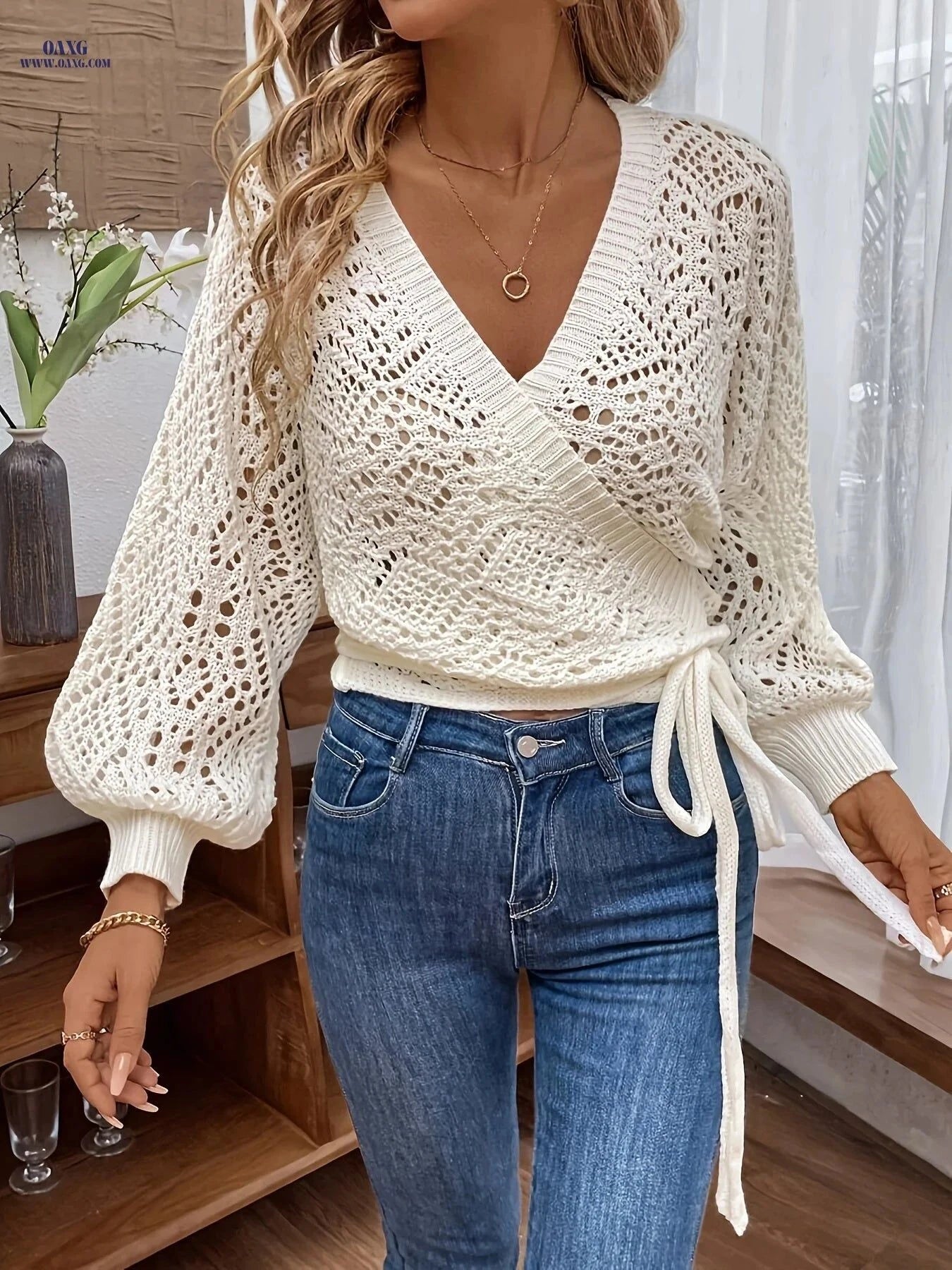 OAXG Women's Elegant V-Neck Lantern Sleeve Sweater - Semi-Sheer Style   OAXG Milky / S