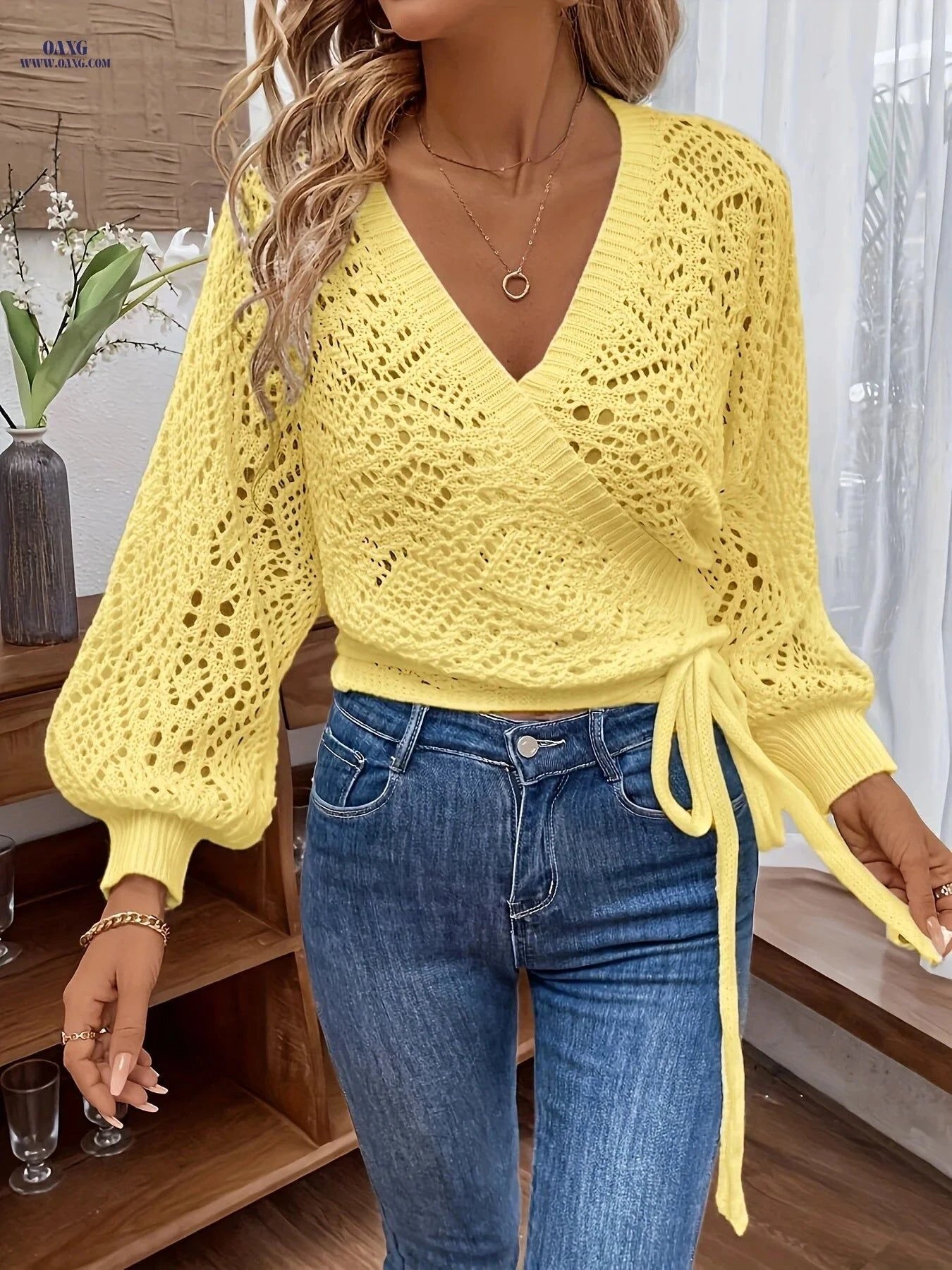OAXG Women's Elegant V-Neck Lantern Sleeve Sweater - Semi-Sheer Style   OAXG Milky / S