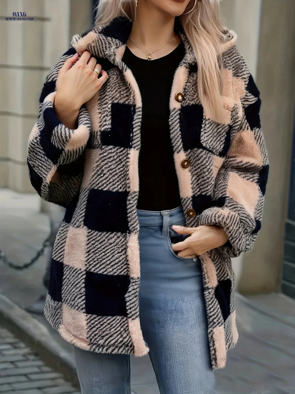OAXG Women's Elegant Winter Coat - Black & White Houndstooth Design   OAXG Black And White Grid / S