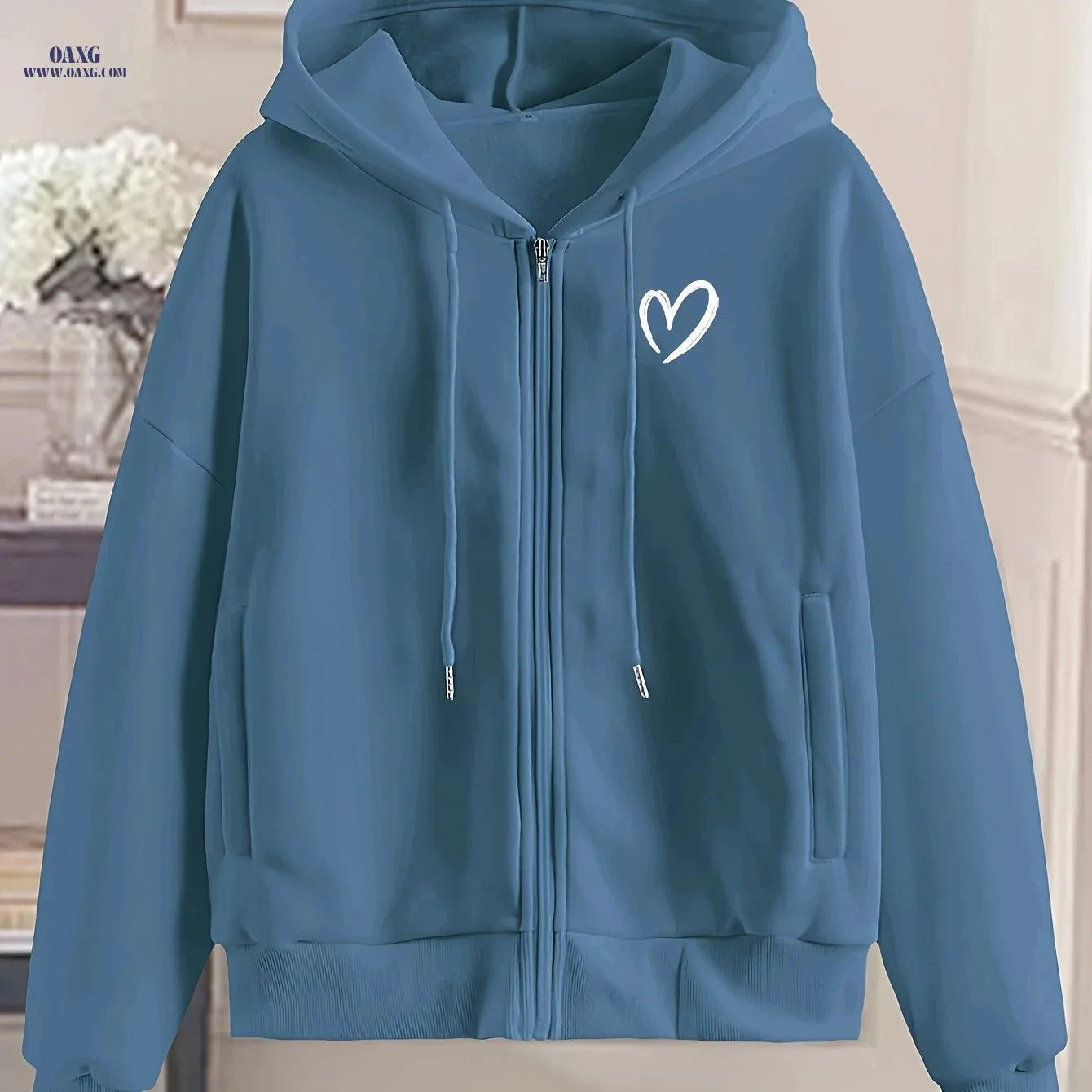 OAXG Women's Fashion Zip-Up Hoodie - Stylish Geometric Pattern   OAXG Peacock Blue / S