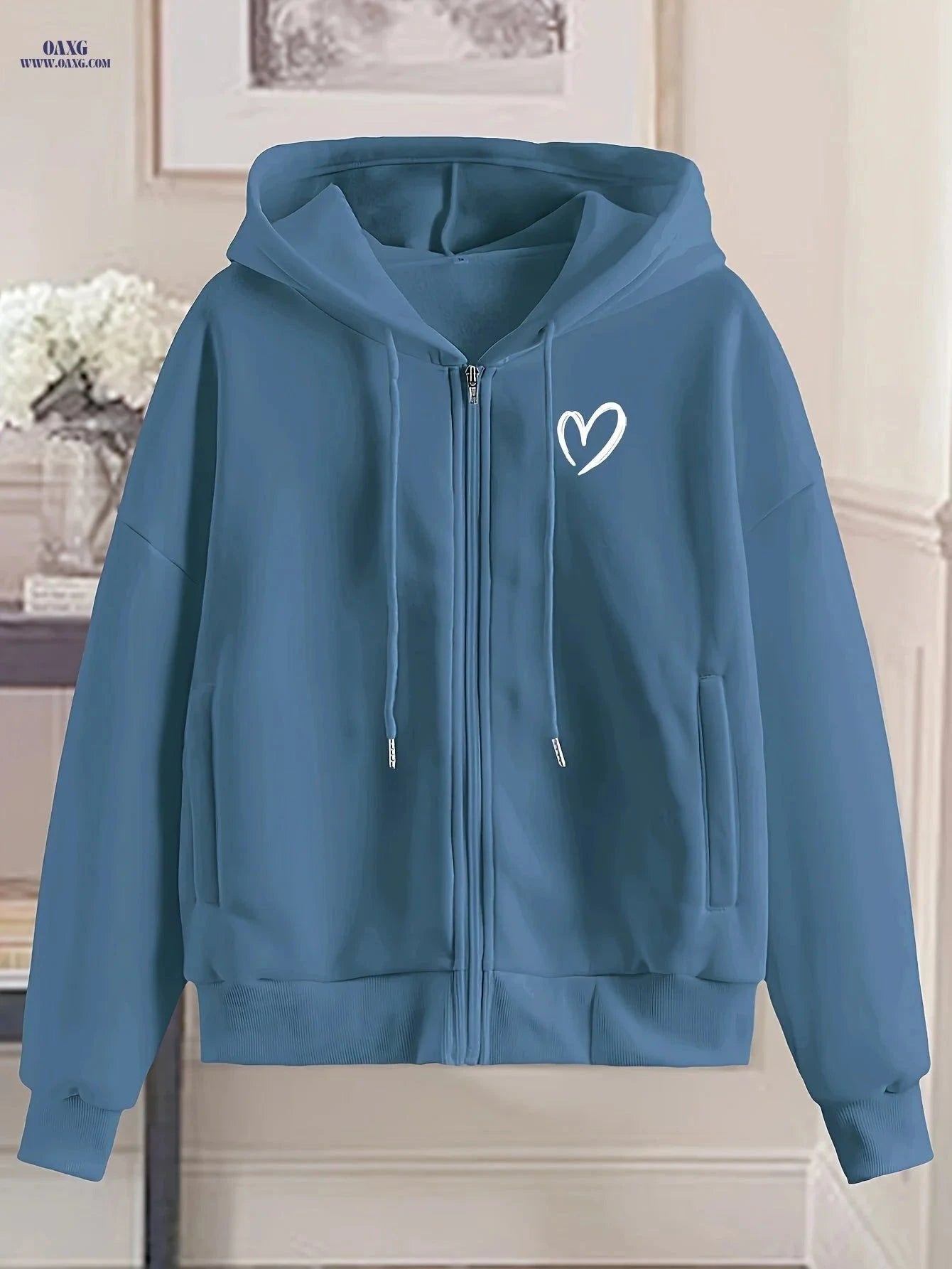 OAXG Women's Fashion Zip-Up Hoodie - Stylish Geometric Pattern   OAXG Peacock Blue / S