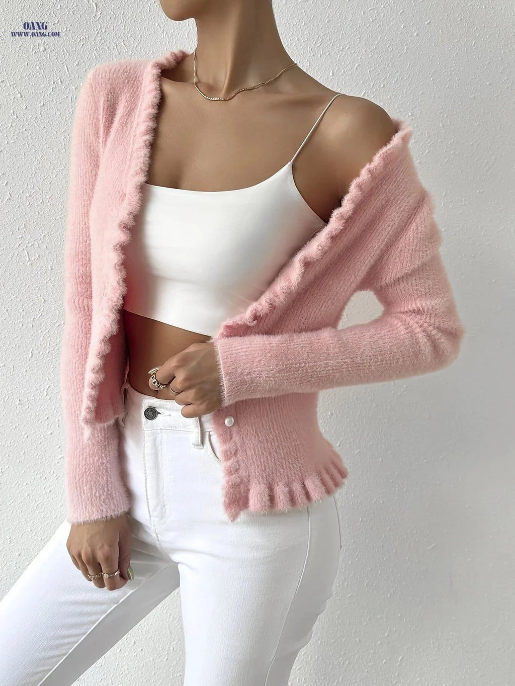 OAXG Women's Faux Mink Cardigan - Cropped, Elegant Style for All Seasons   OAXG White / XS